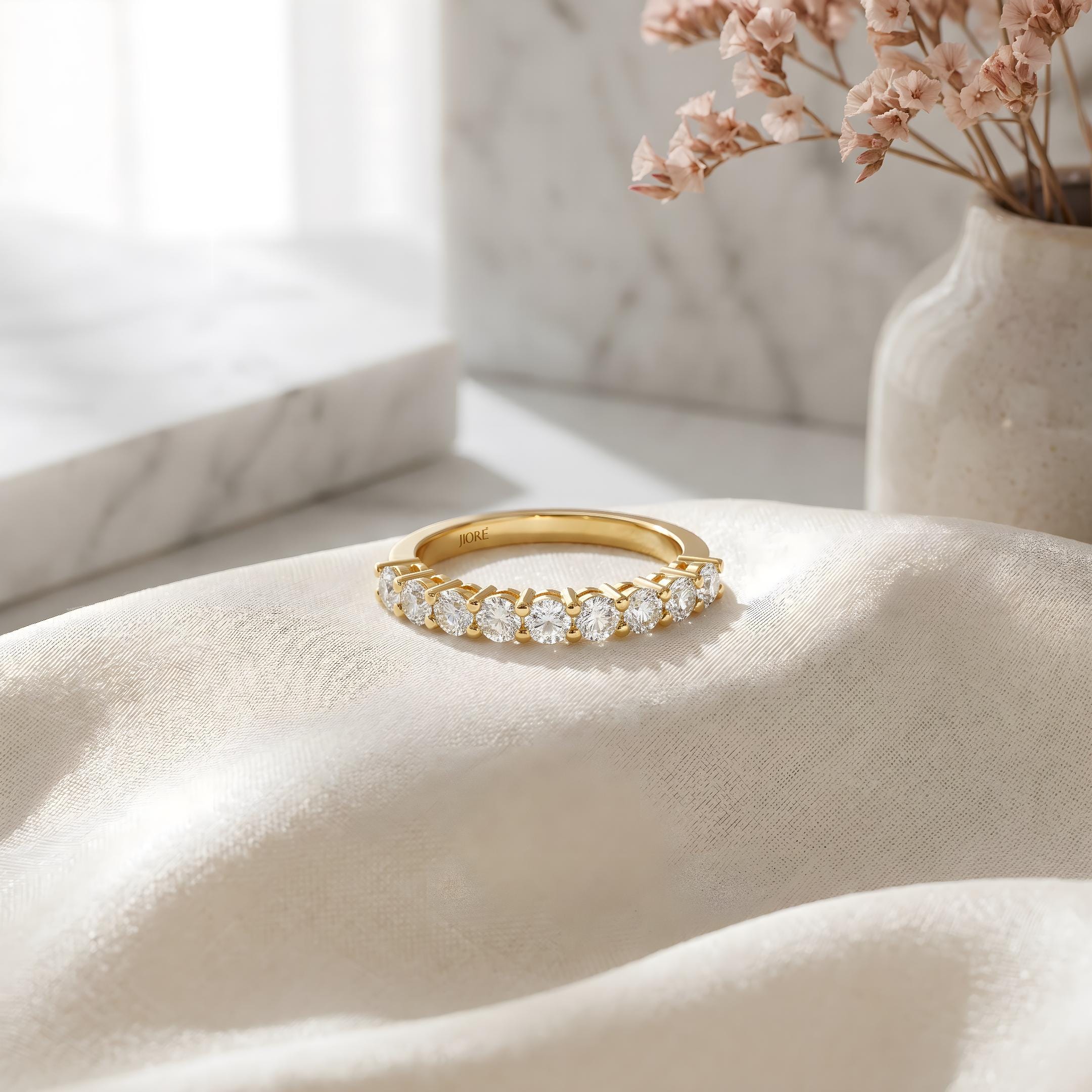Round Brilliant Cut Diamond Half Way Eternity Wedding Band Ring 14K Solid Gold Prong Set