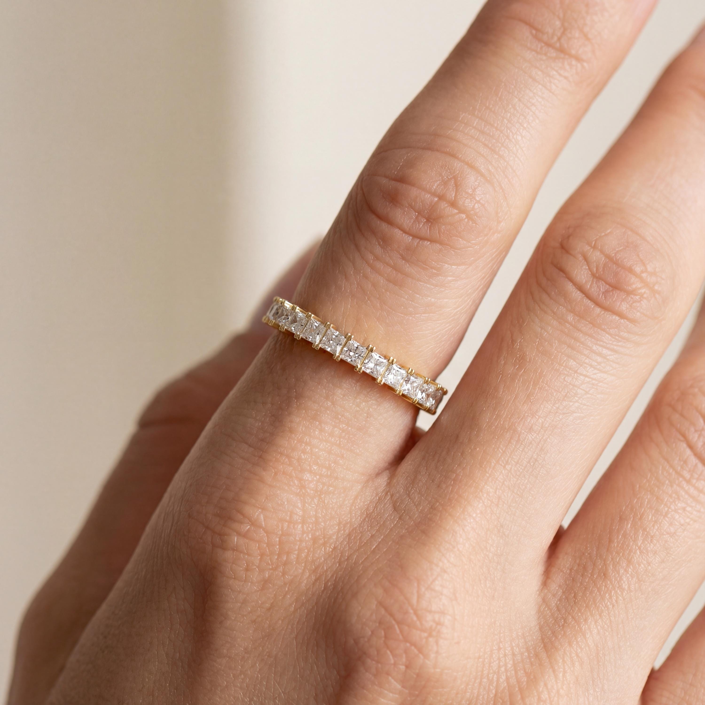 Diamond Prong Set Princess Cut Full Eternity Wedding Band Ring 14K Solid Gold