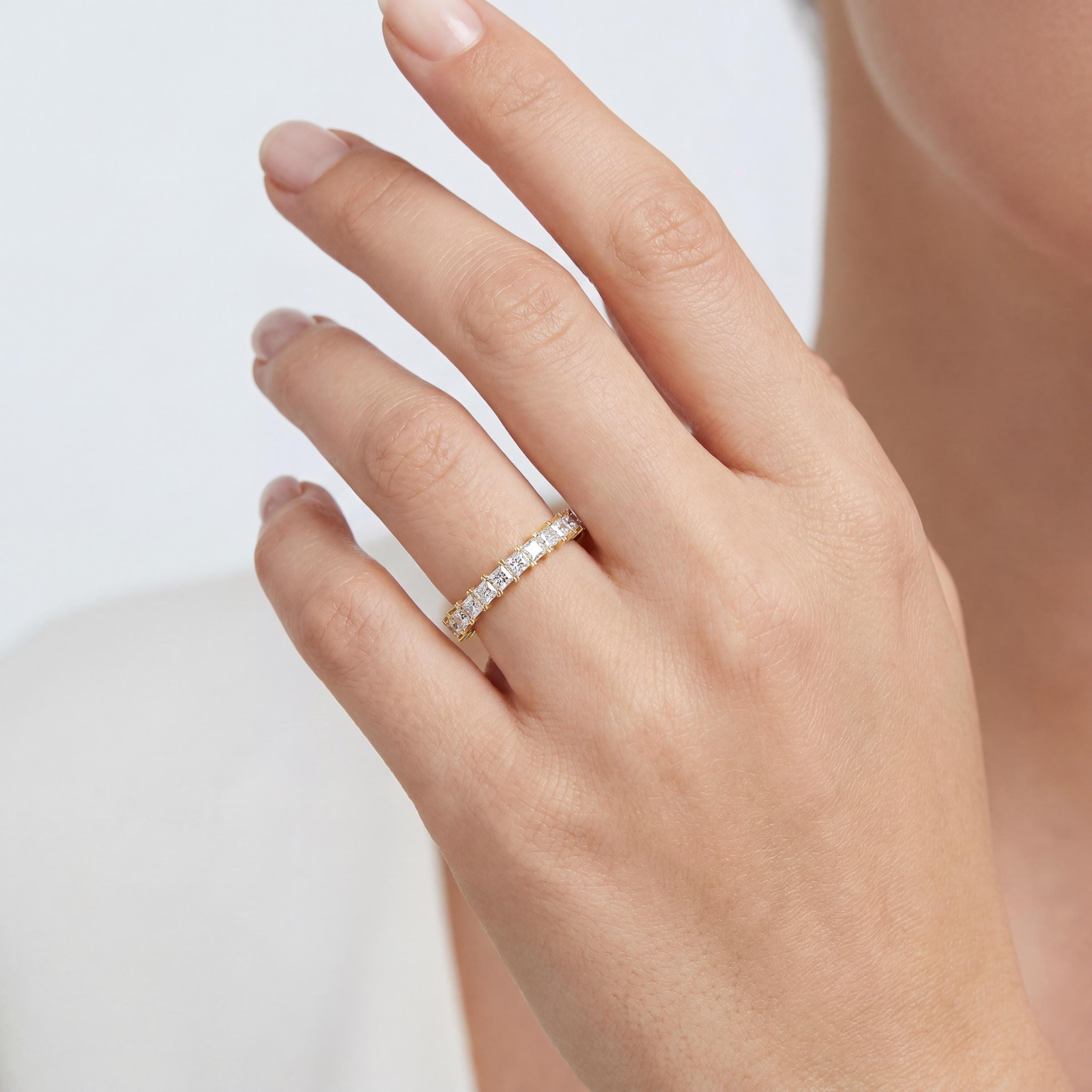 Diamond Prong Set Princess Cut Full Eternity Wedding Band Ring 14K Solid Gold