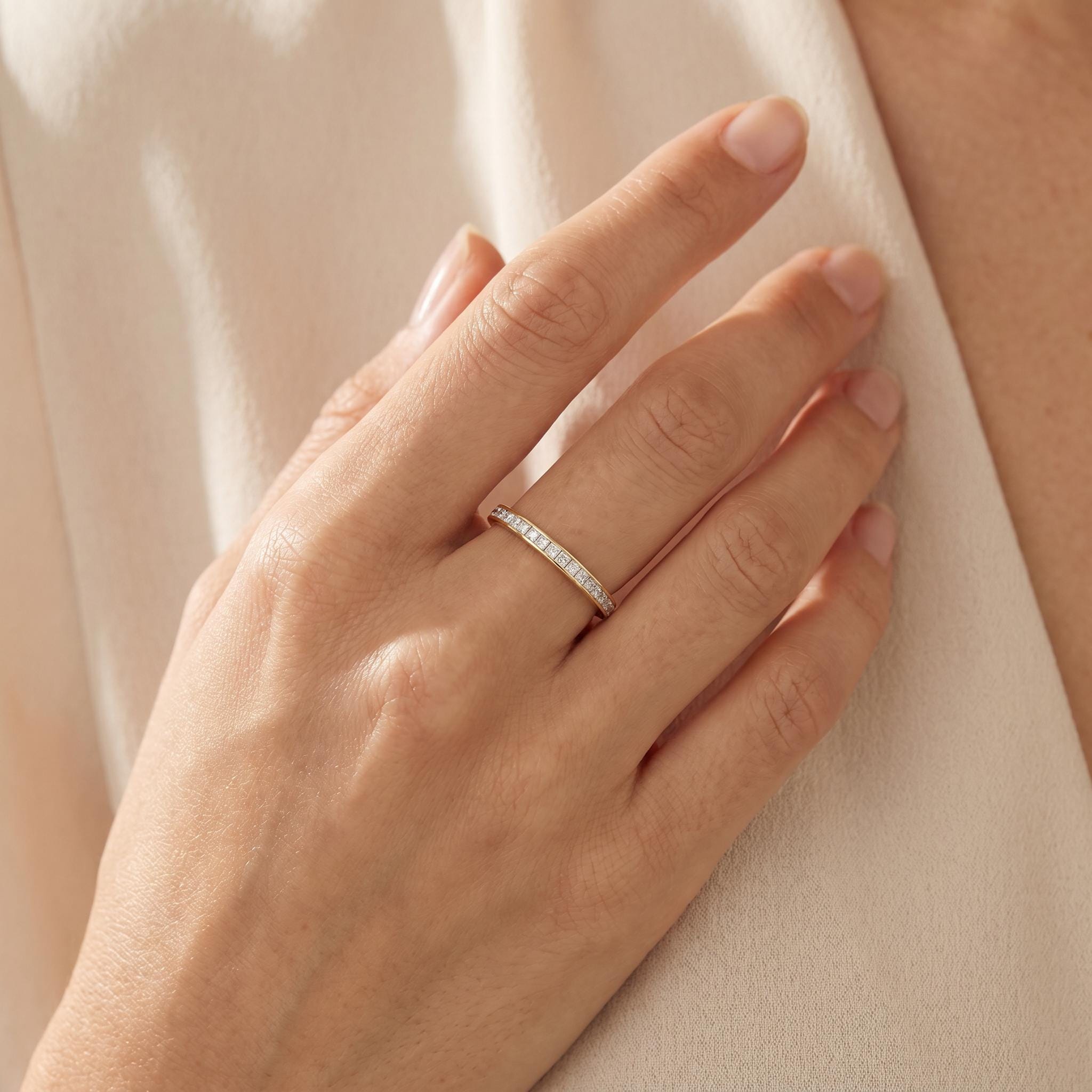 Princess Cut Diamond Full Eternity Stackable Wedding Band Ring 14K Solid Gold Channel Set