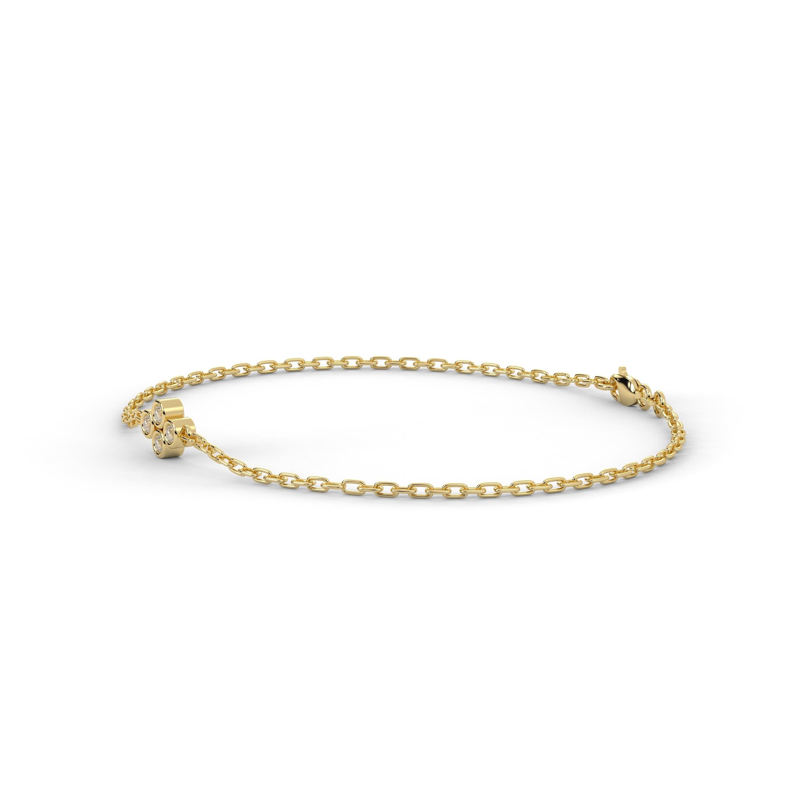 Diamond Cluster 4 Stone Bezel Set 14K Solid Gold Chain Link Bracelet