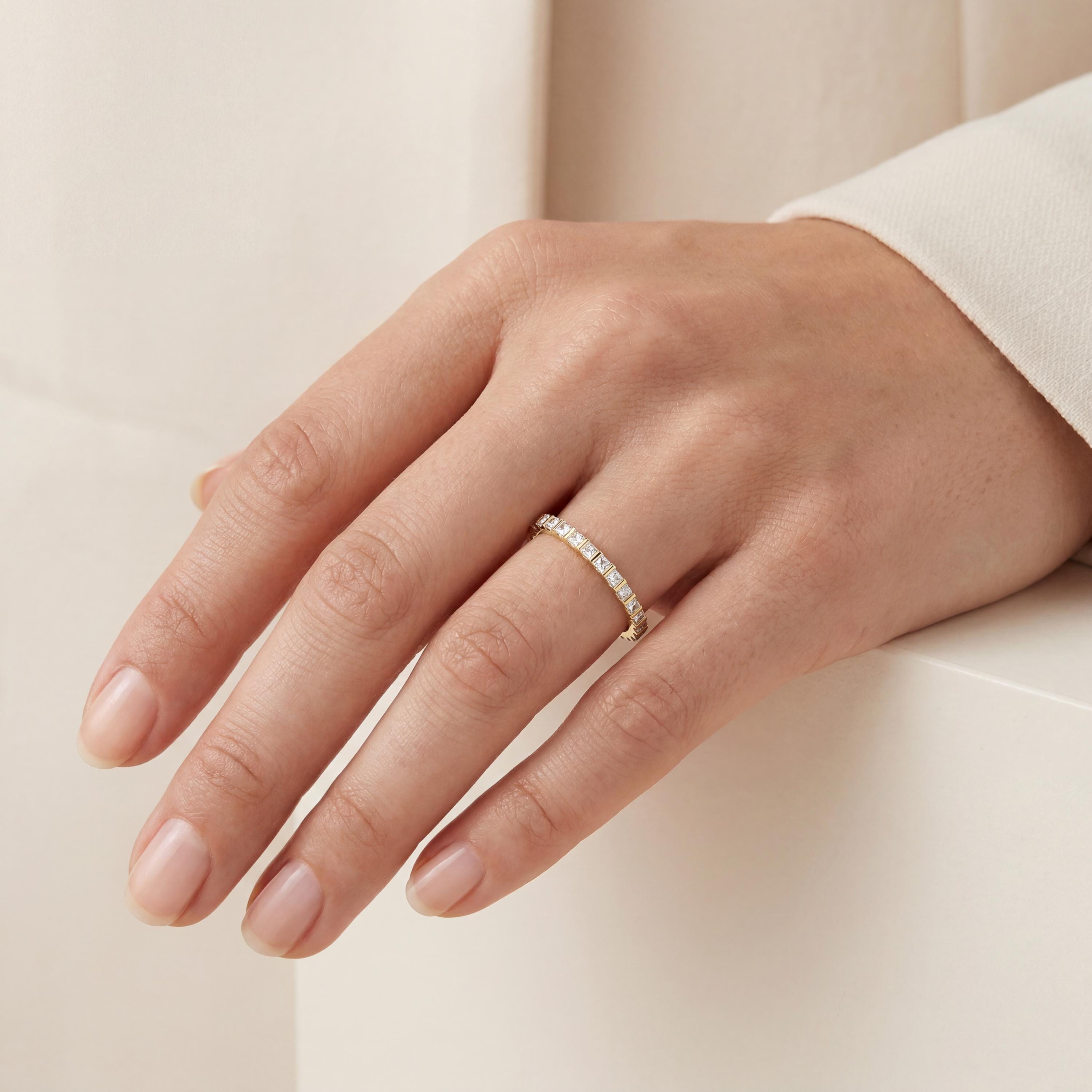 Princess Cut Diamond Full Eternity Dainty Wedding Band Ring 14K Solid Gold Bar Set