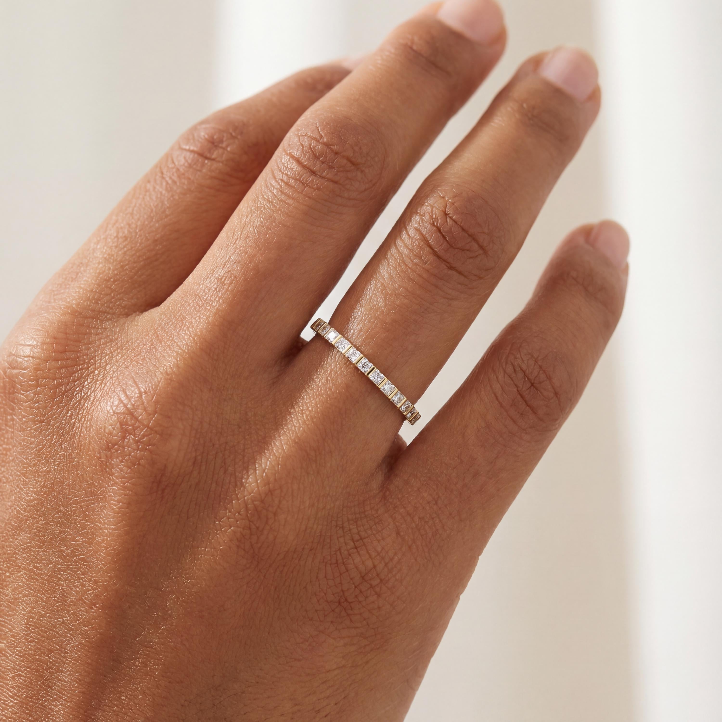 Princess Cut Diamond Full Eternity Dainty Wedding Band Ring 14K Solid Gold Bar Set