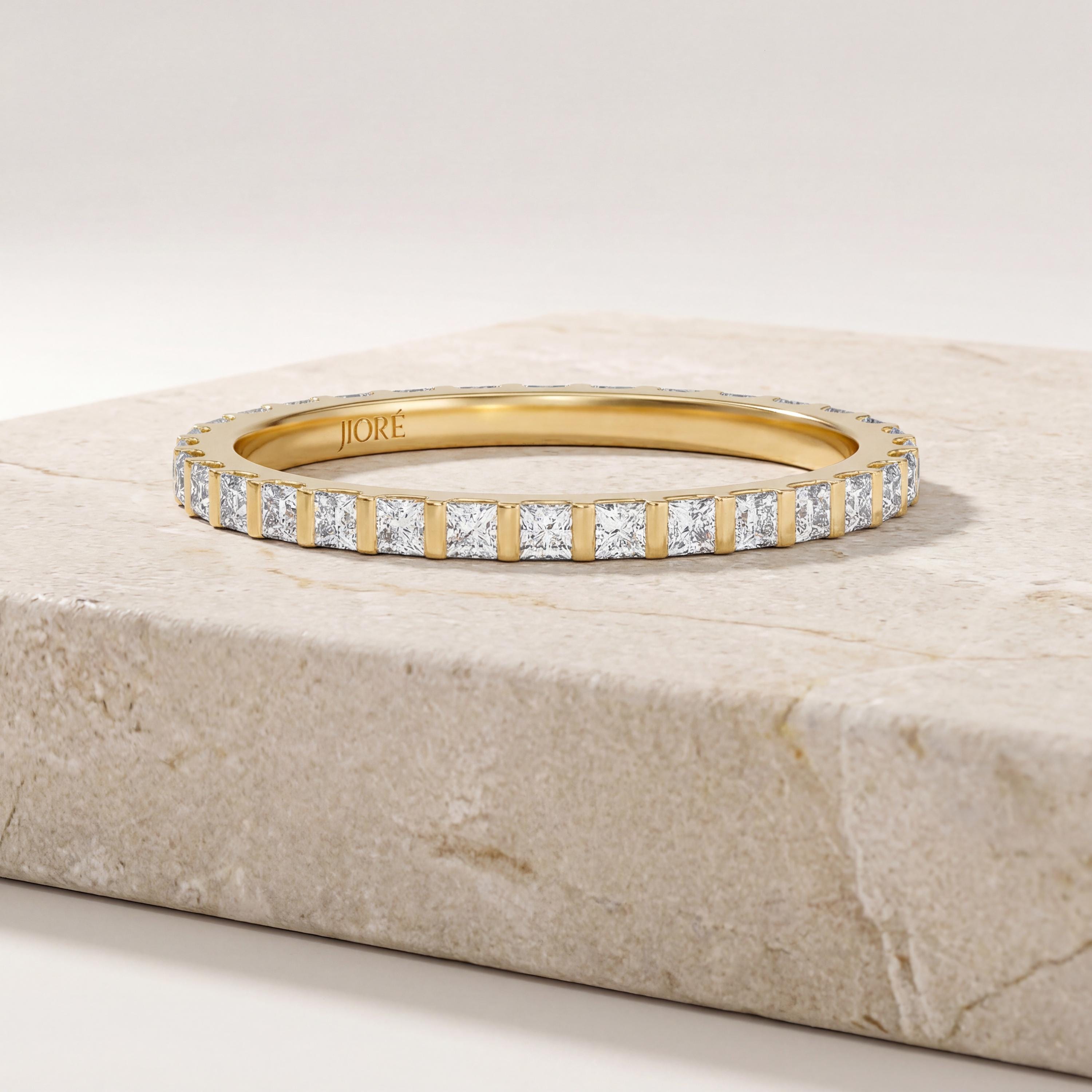 Princess Cut Diamond Full Eternity Dainty Wedding Band Ring 14K Solid Gold Bar Set