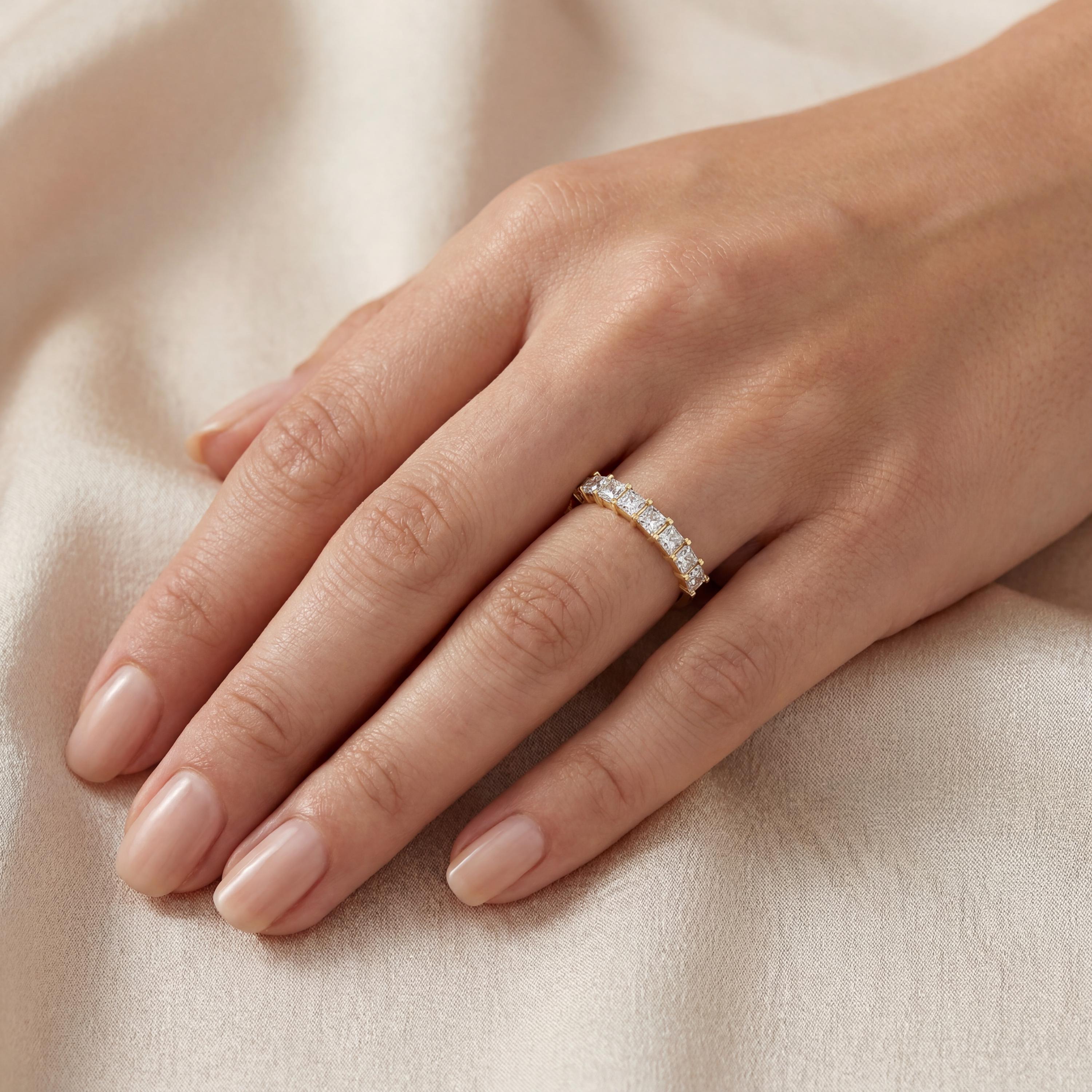Princess Cut Diamond Half Way Eternity Wedding Band Ring 14K Solid Gold Prong Set