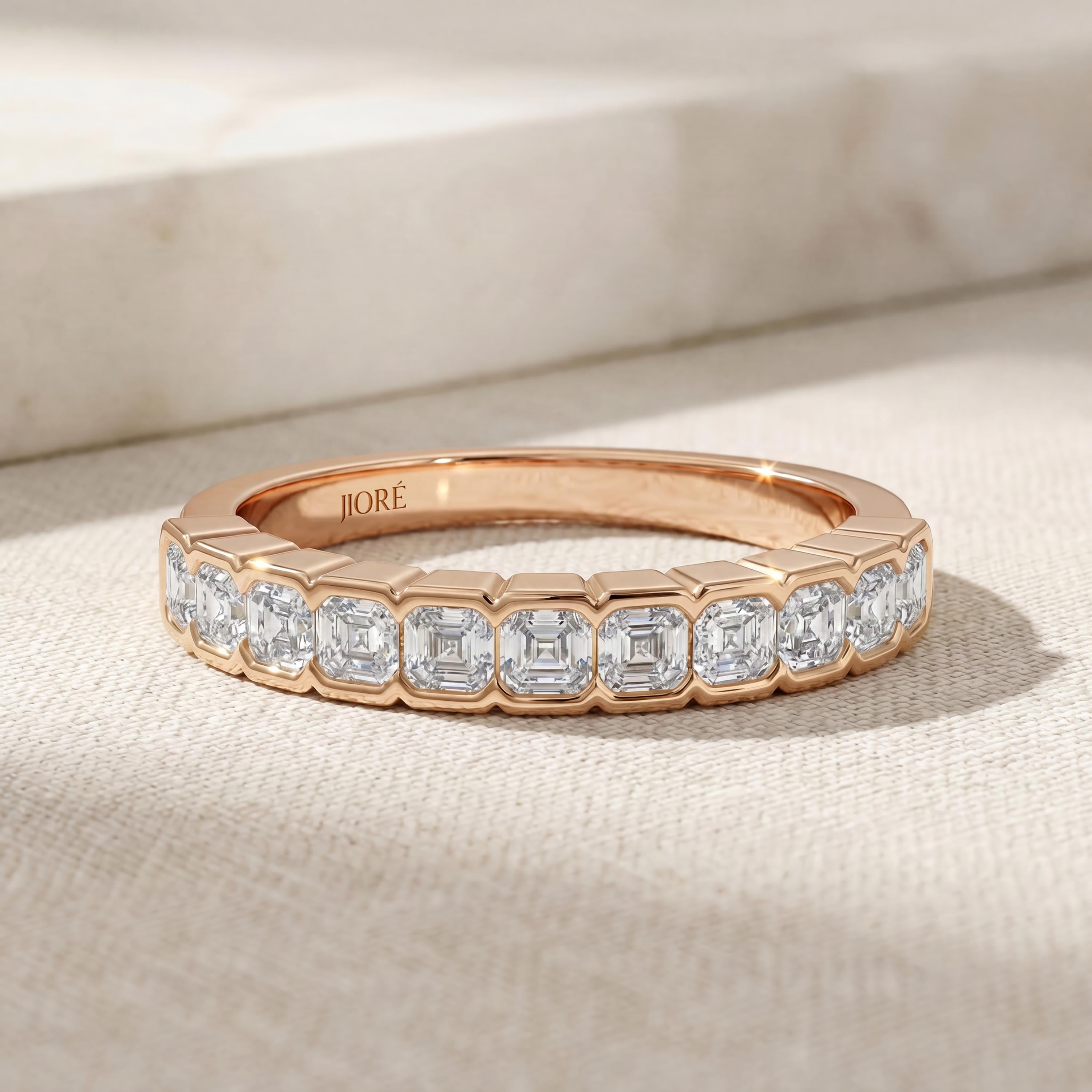Asscher Cut Diamond Half Way Eternity Wedding Band Ring 14K Solid Gold Half Bezel
