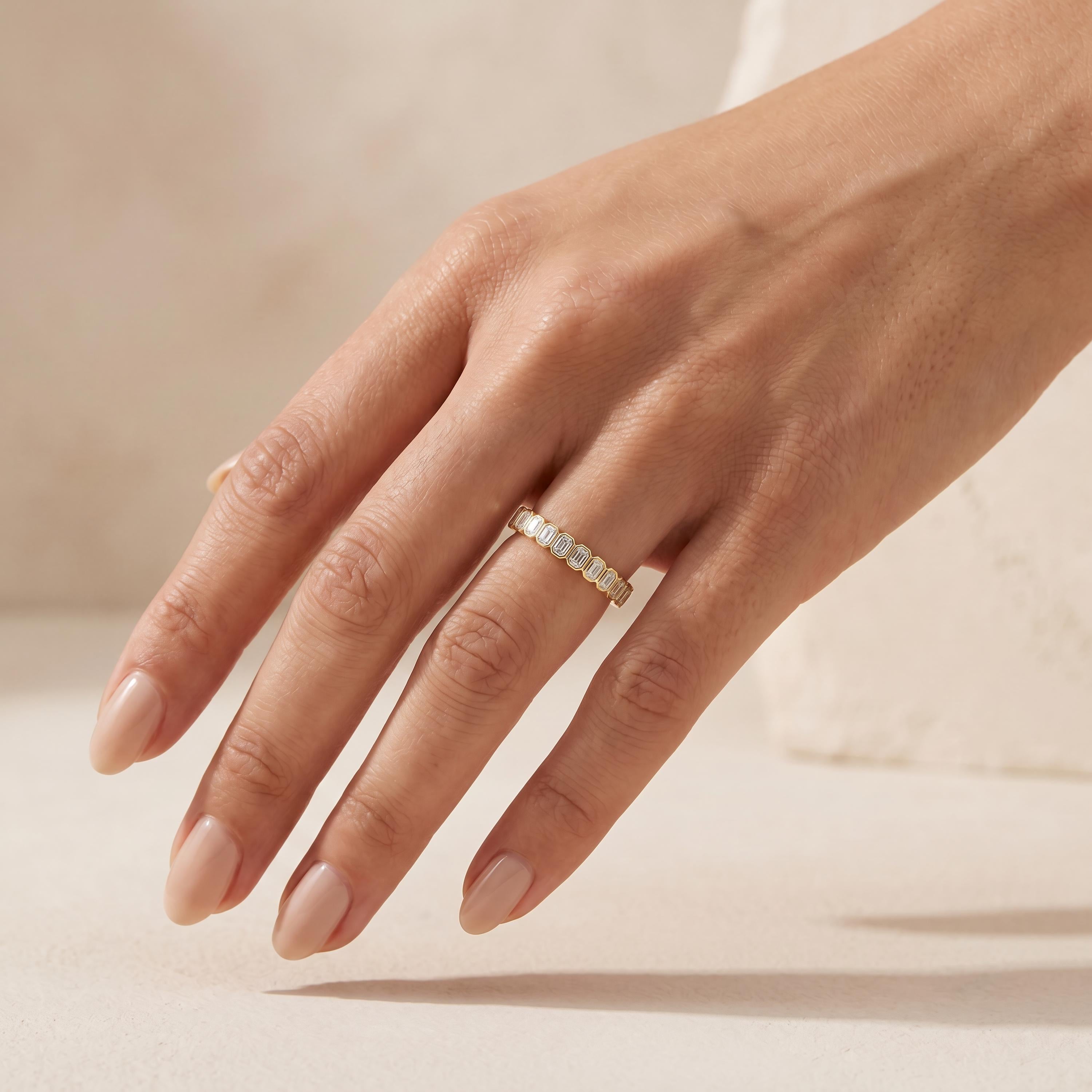Emerald Cut Vertical Diamond Full Eternity Wedding Band Ring 14K Solid Gold Bezel Set
