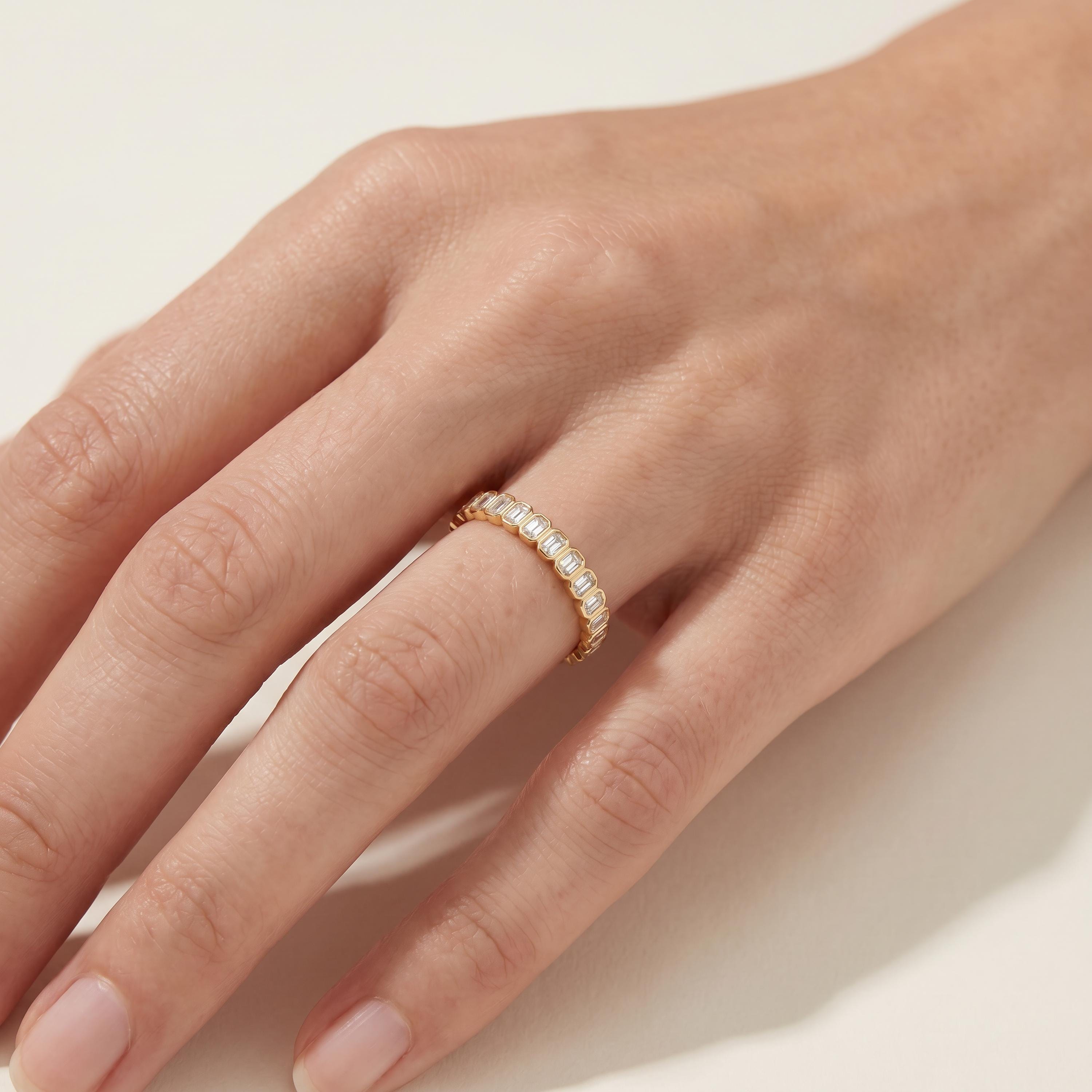 Emerald Cut Vertical Diamond Full Eternity Wedding Band Ring 14K Solid Gold Bezel Set