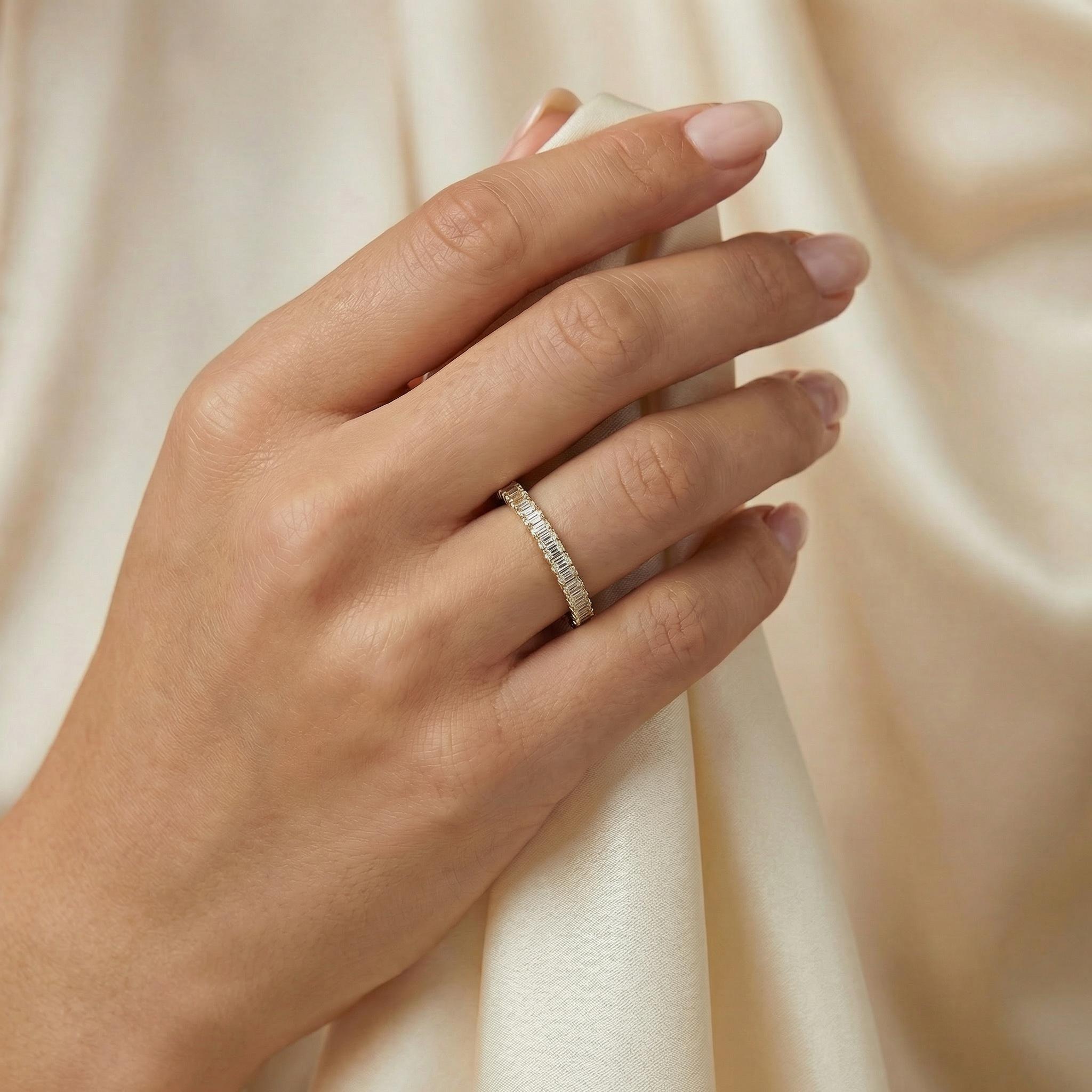 Emerald Cut Vertical Diamond Full Eternity Wedding Band Ring 14K Solid Gold Prong Set