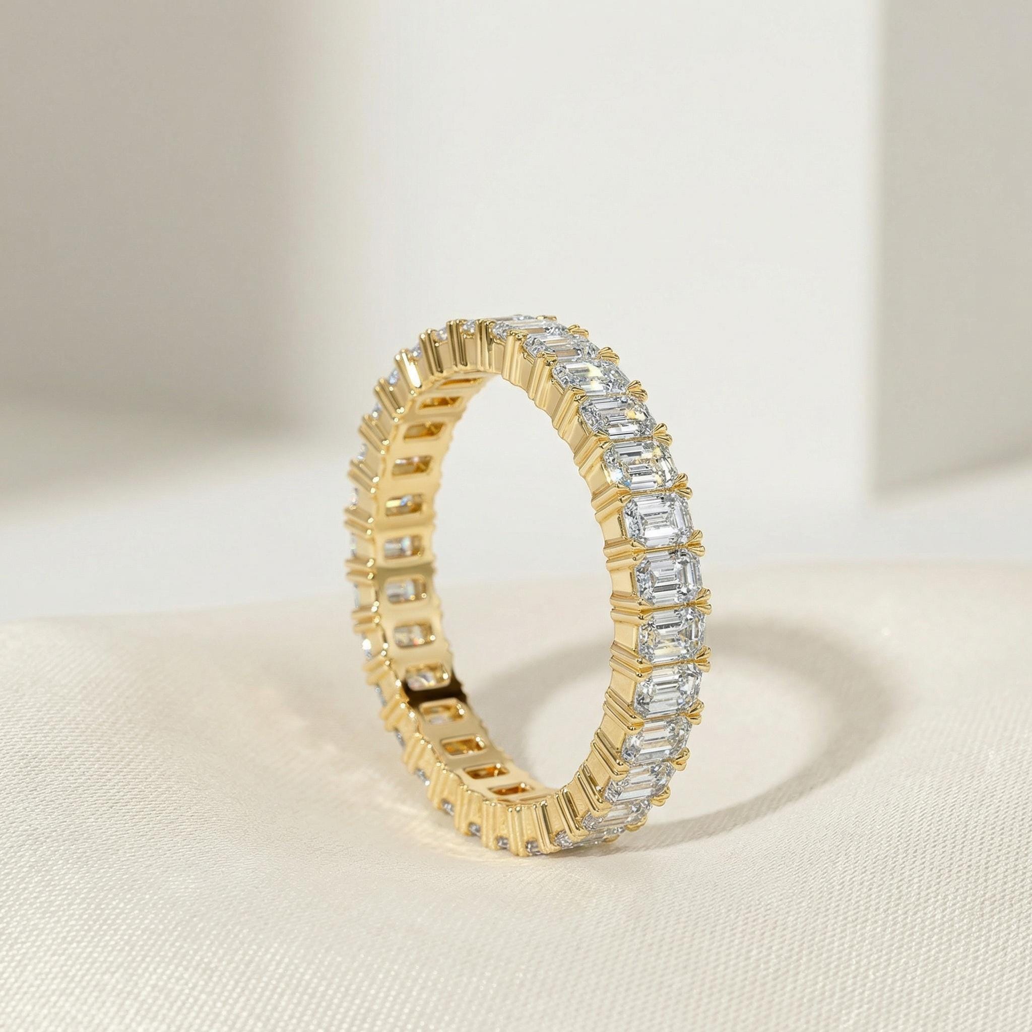 Emerald Cut Vertical Diamond Full Eternity Wedding Band Ring 14K Solid Gold Prong Set