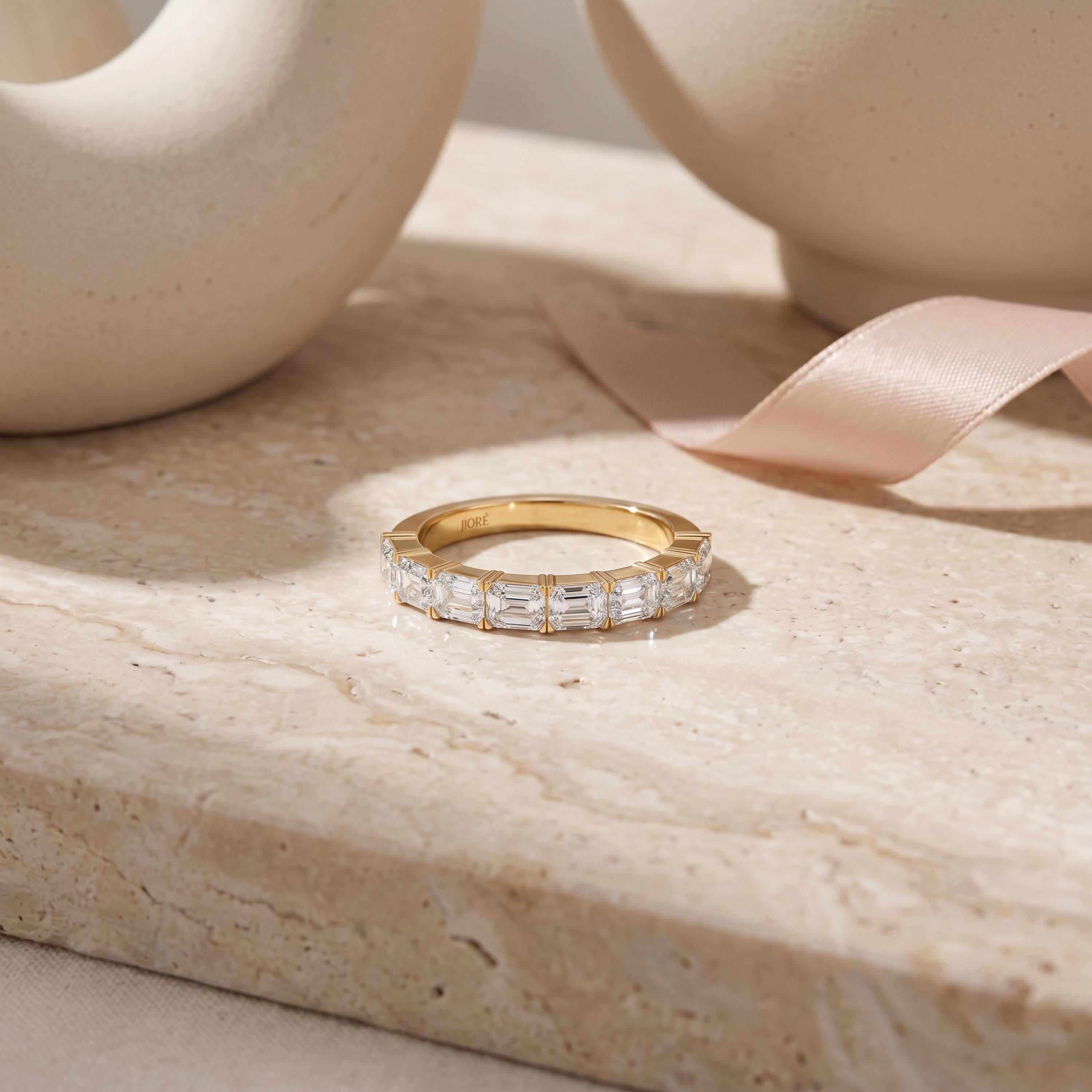 Emerald Cut Diamond Half Way Eternity Wedding Band Ring 14K Solid Gold Prong Set
