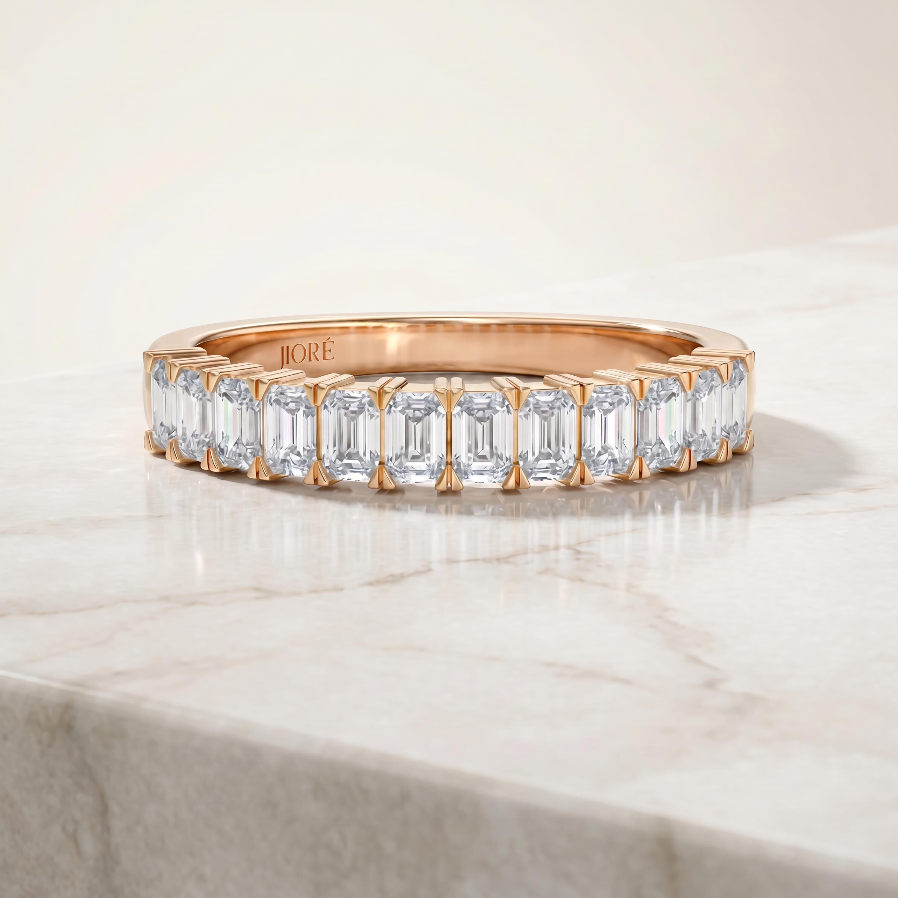Emerald Cut Vertical Diamond Half Way Eternity Wedding Band Ring 14K Solid Gold