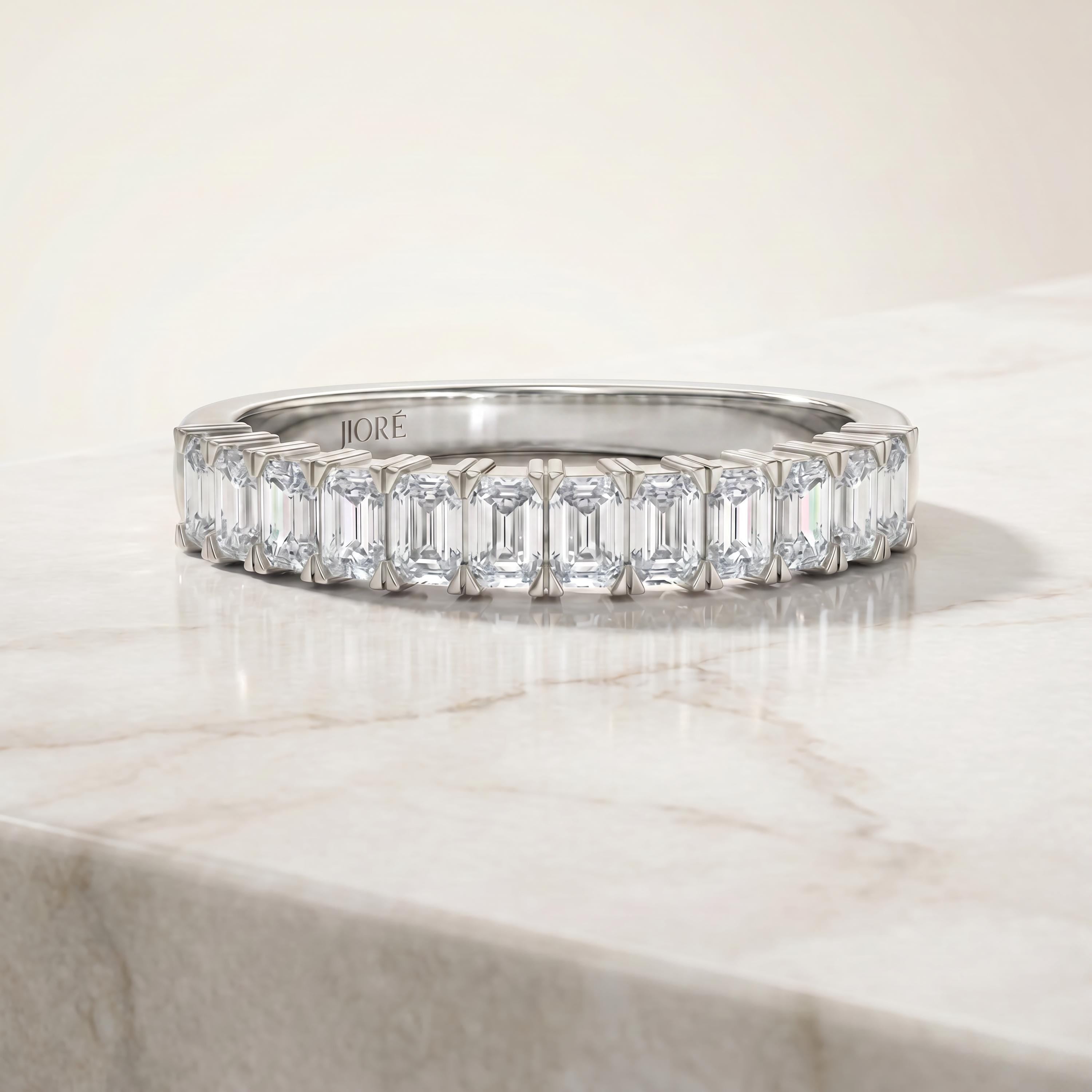 Emerald Cut Vertical Diamond Half Way Eternity Wedding Band Ring 14K Solid Gold