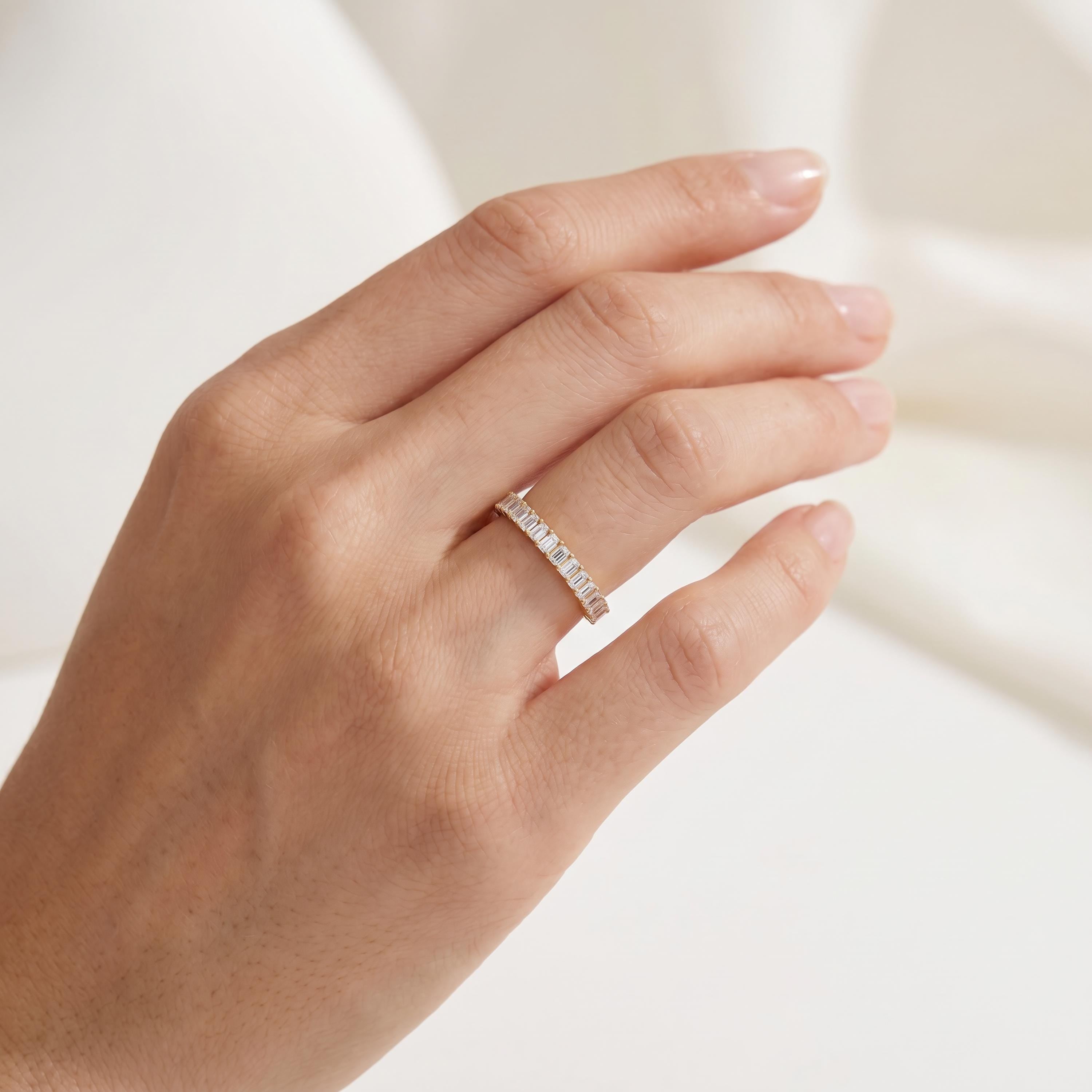 Emerald Cut Vertical Diamond Half Way Eternity Wedding Band Ring 14K Solid Gold