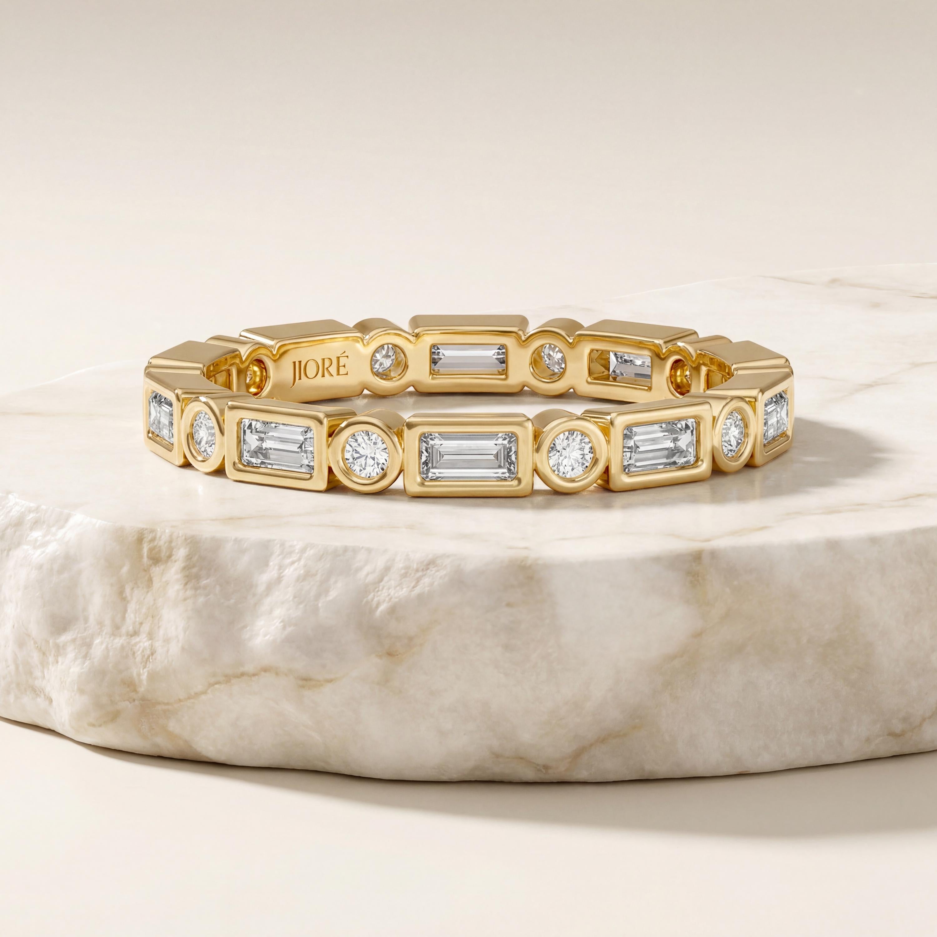 Baguette & Round Cut Diamond Full Eternity Wedding Band Ring 14K Solid Gold Bezel Set
