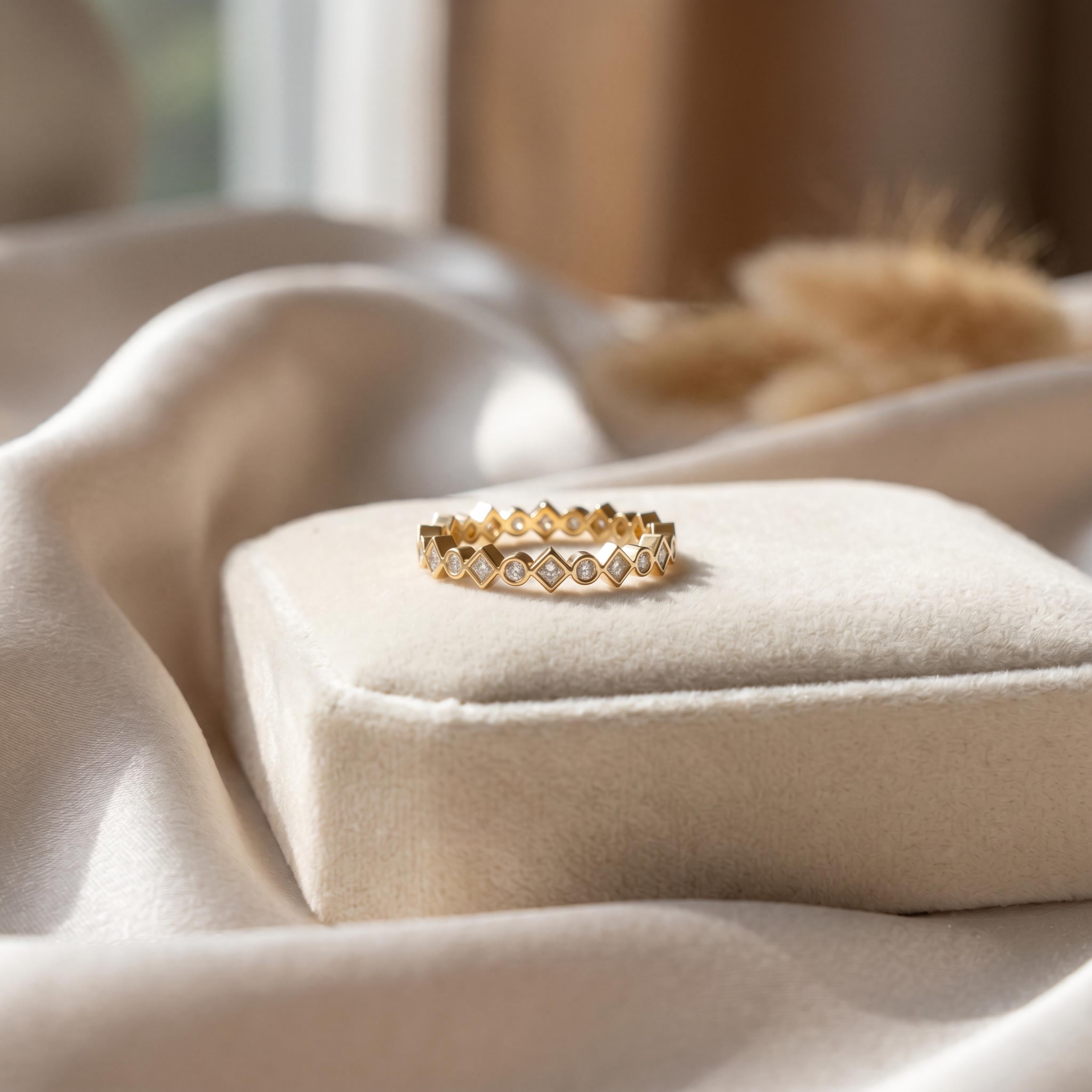 Round & Princess Cut Diamond Full Eternity Wedding Band Ring 14K Solid Gold Bezel Set