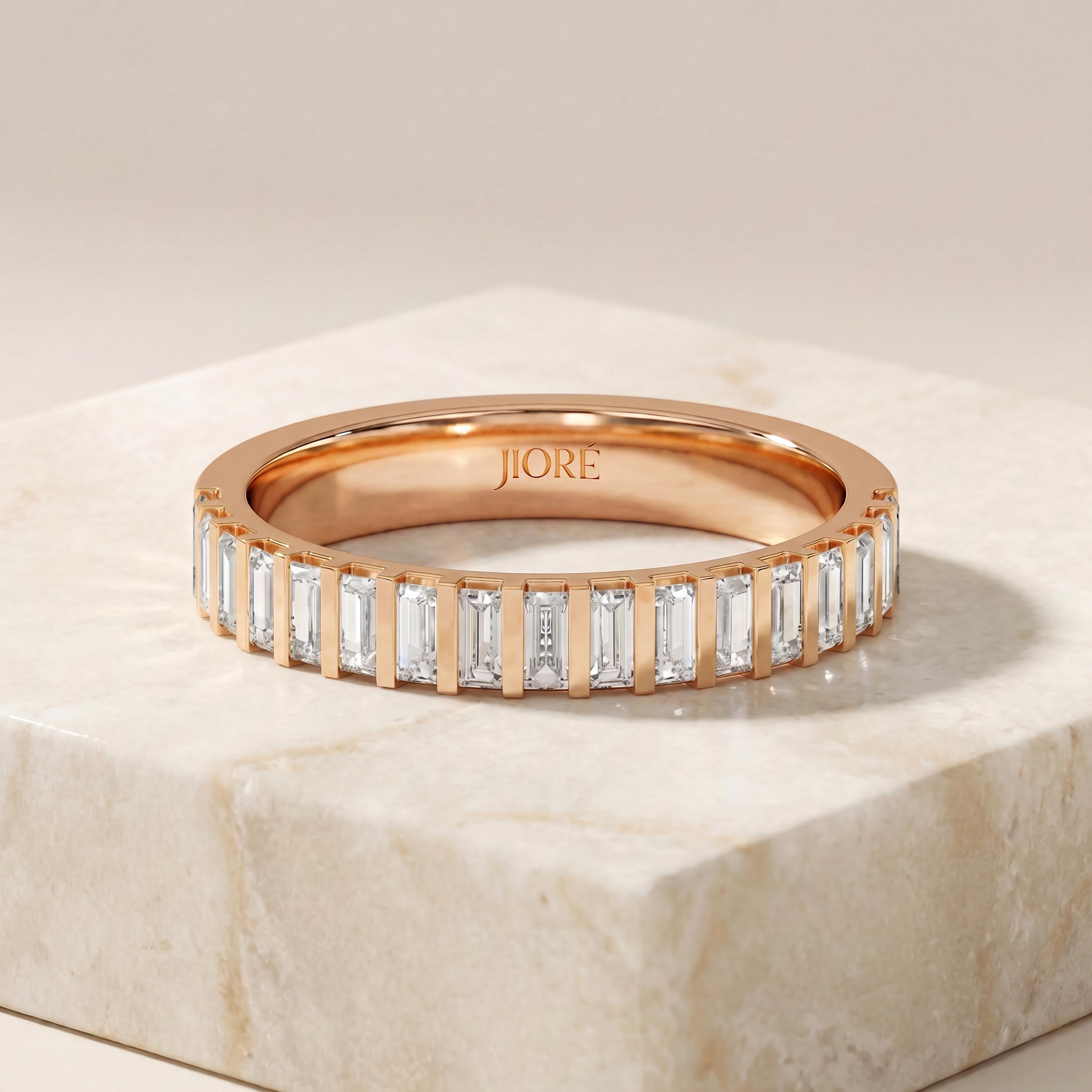 Baguette Cut Diamond Vertical Half Way Eternity Wedding Band Ring 14K Solid Gold Bar Set