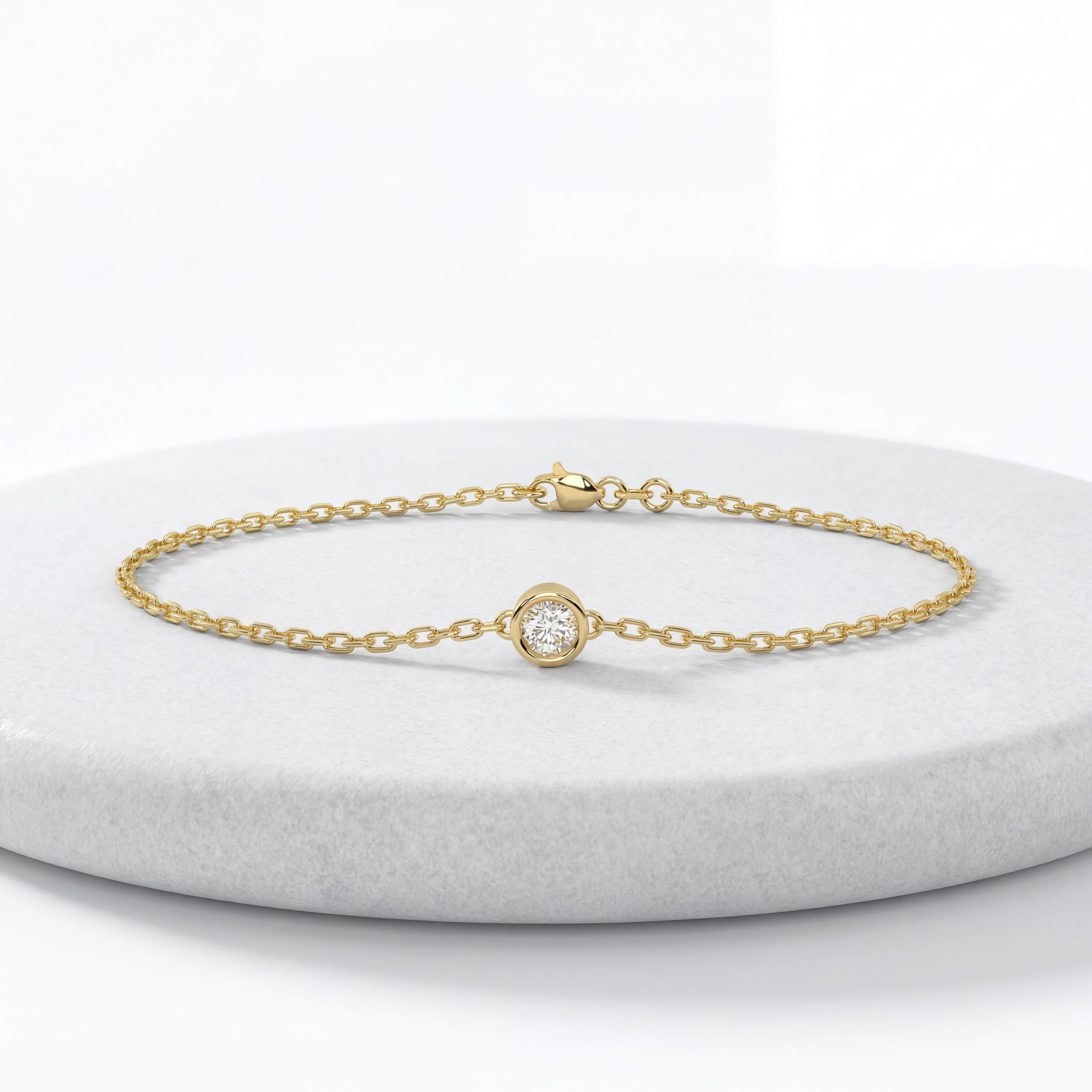 Round Brilliant Cut Diamond Bezel Solitaire Chain Link Bracelet 14K Gold