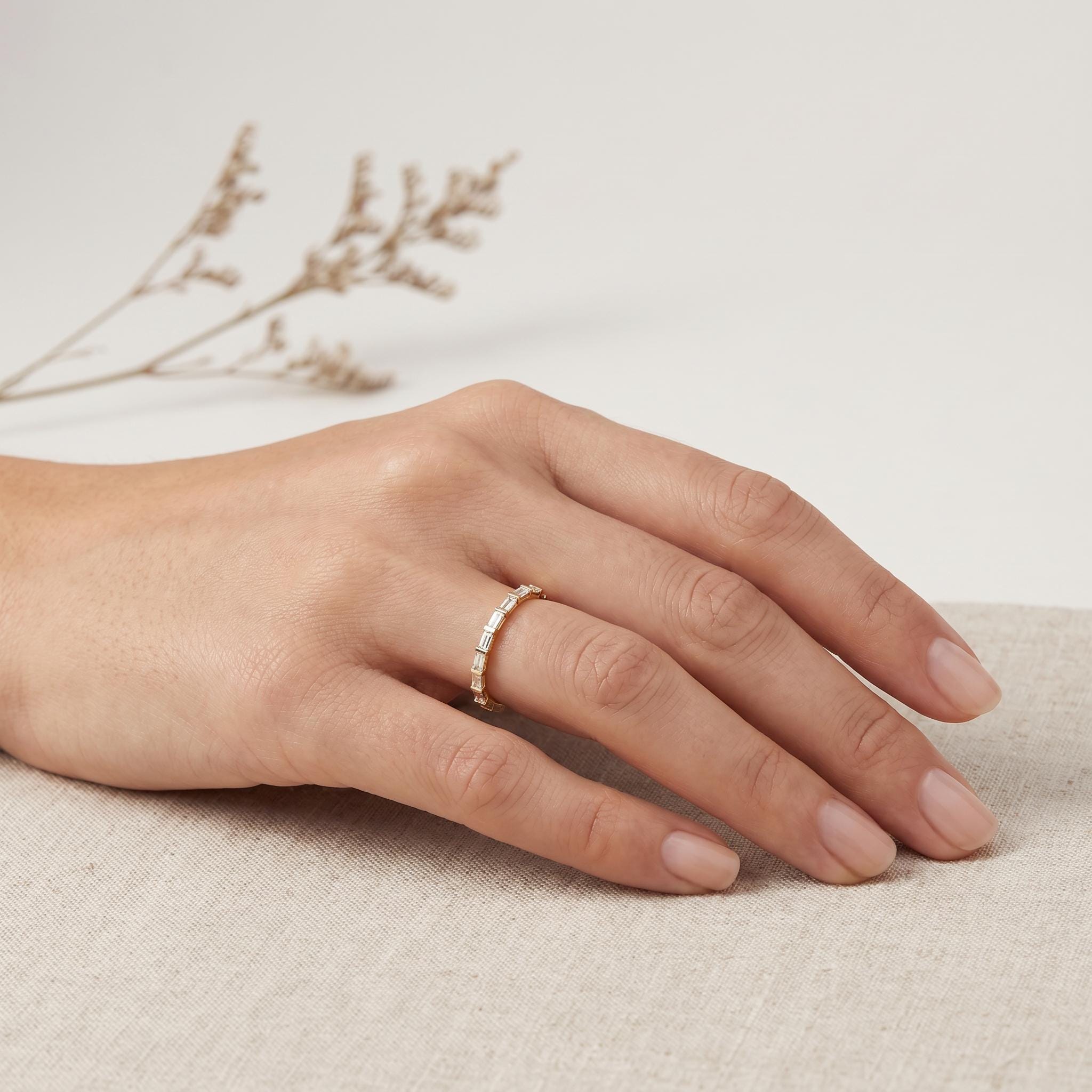 Baguette Diamond Half Way Eternity Stackable Wedding Band Ring 14K Solid Gold Bar Set