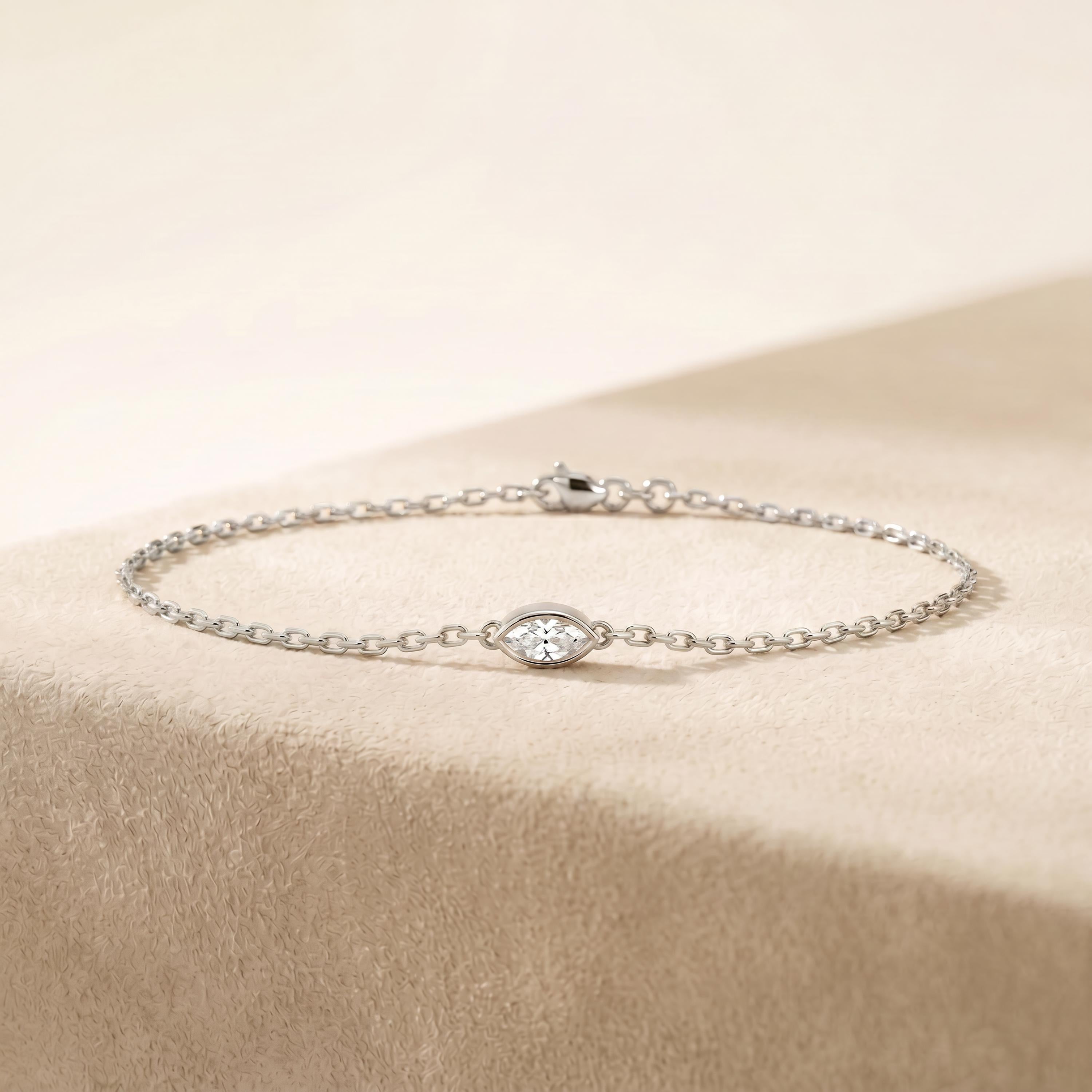 Marquise Shape Diamond Bezel Solitaire Chain Link Bracelet 14K Gold