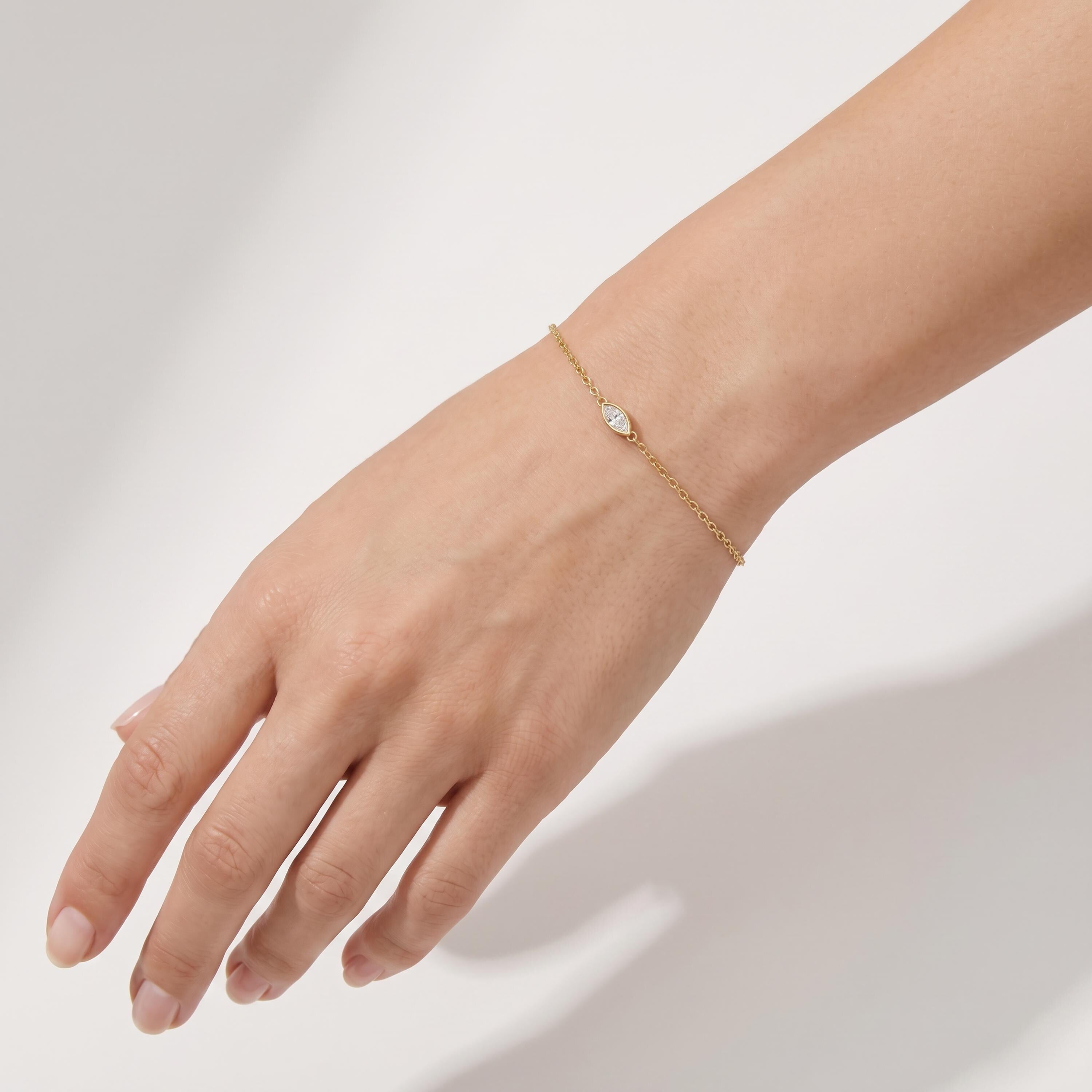 Marquise Shape Diamond Bezel Solitaire Chain Link Bracelet 14K Gold
