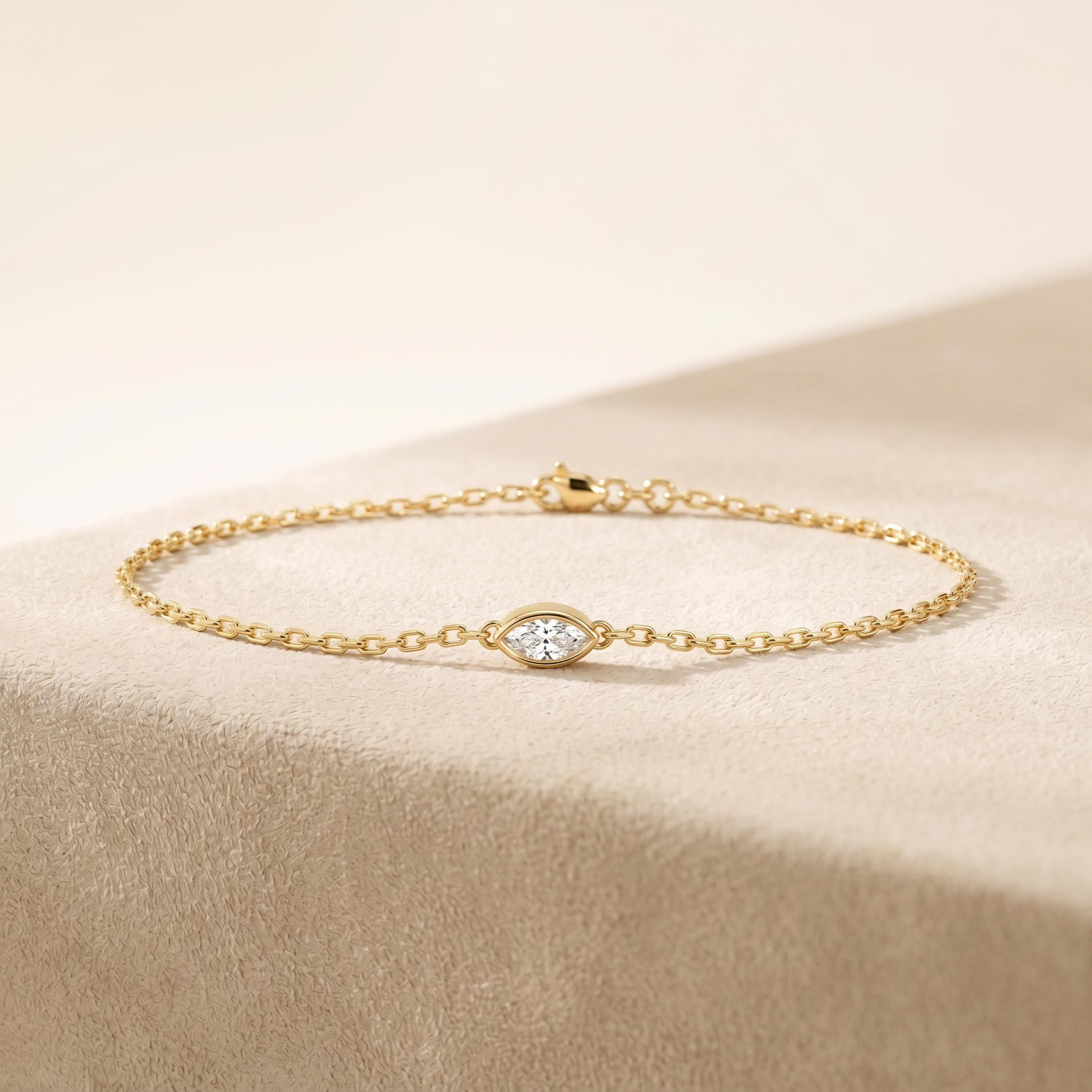 Marquise Shape Diamond Bezel Solitaire Chain Link Bracelet 14K Gold