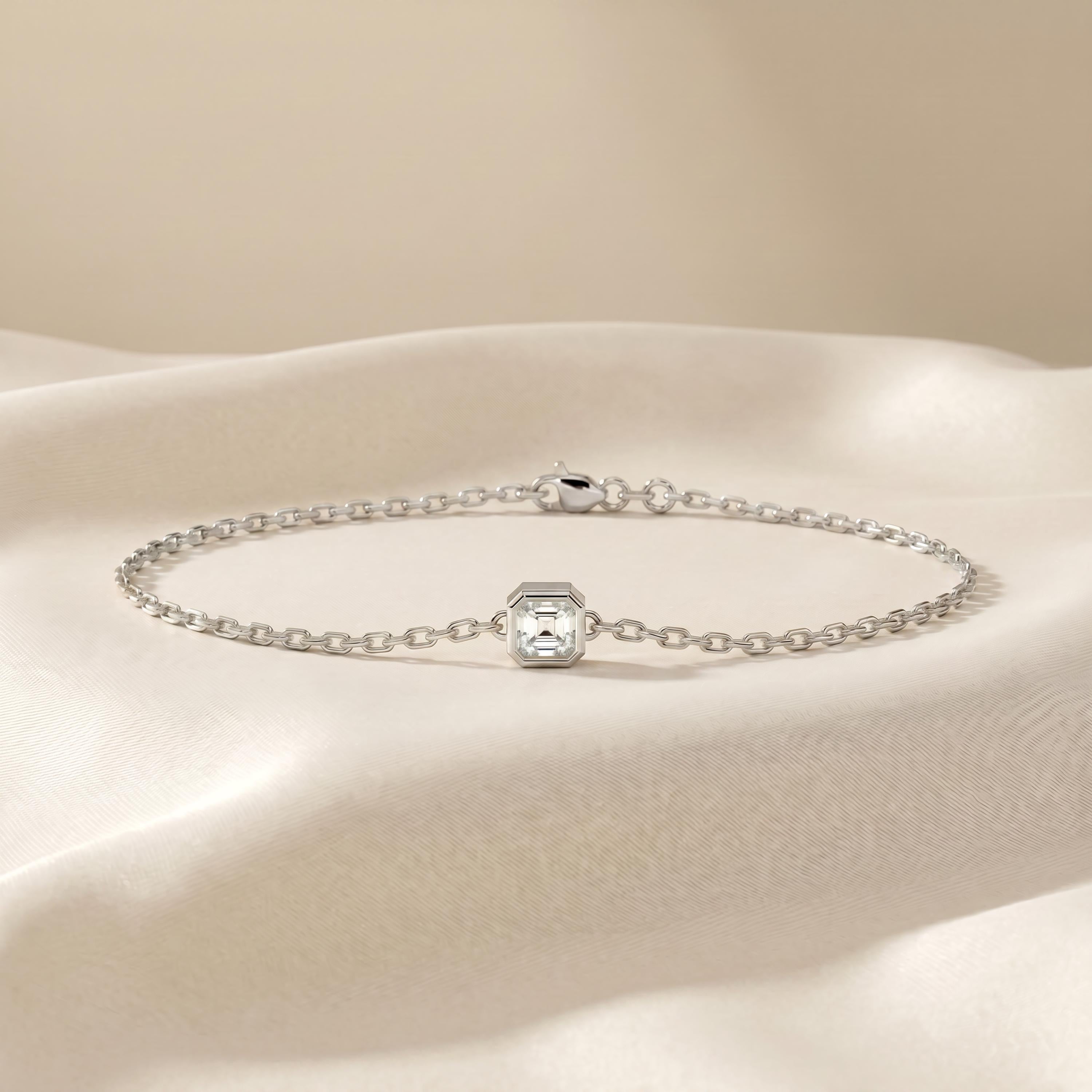 Asscher Cut Diamond Bezel Solitaire Chain Link Bracelet 14K Gold