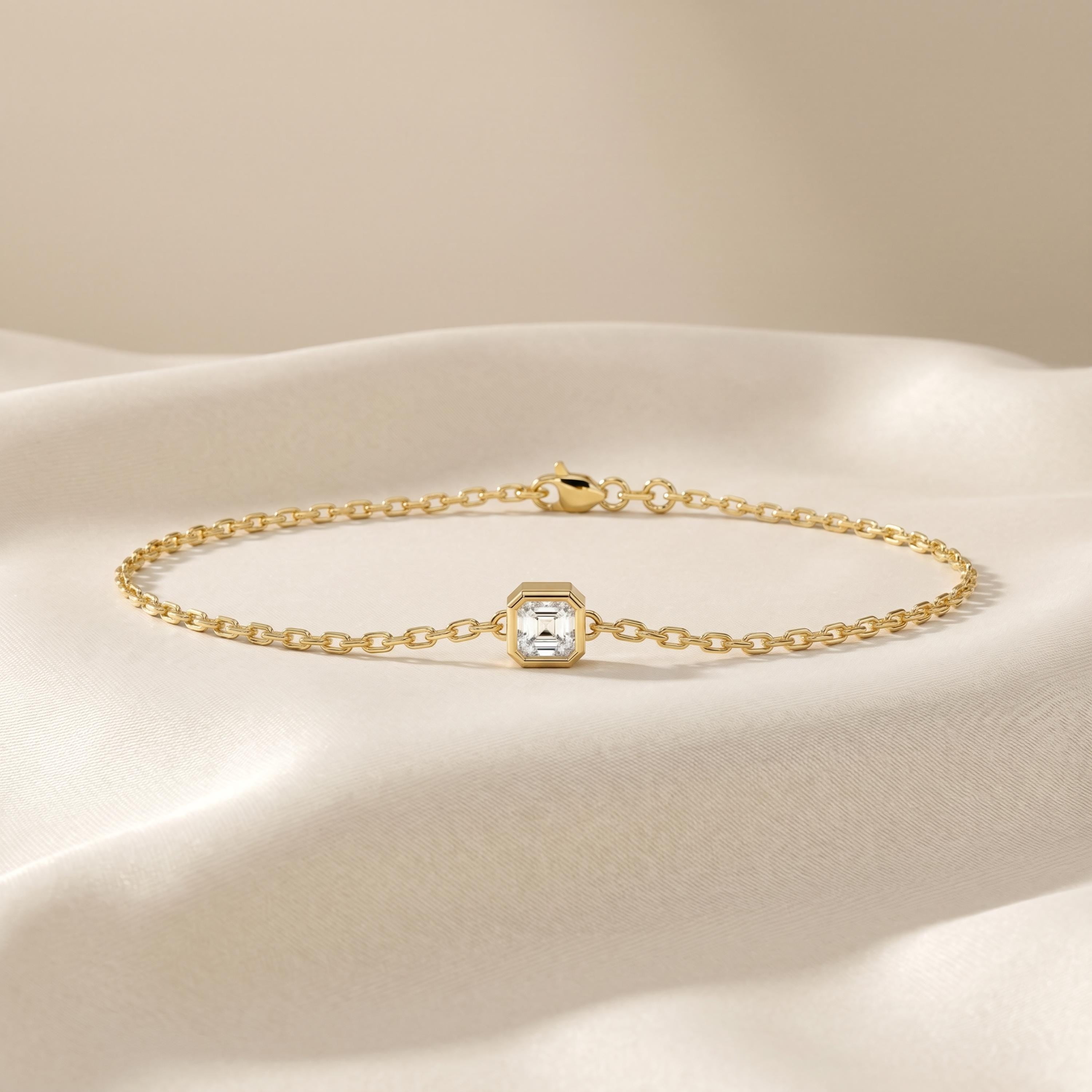 Asscher Cut Diamond Bezel Solitaire Chain Link Bracelet 14K Gold