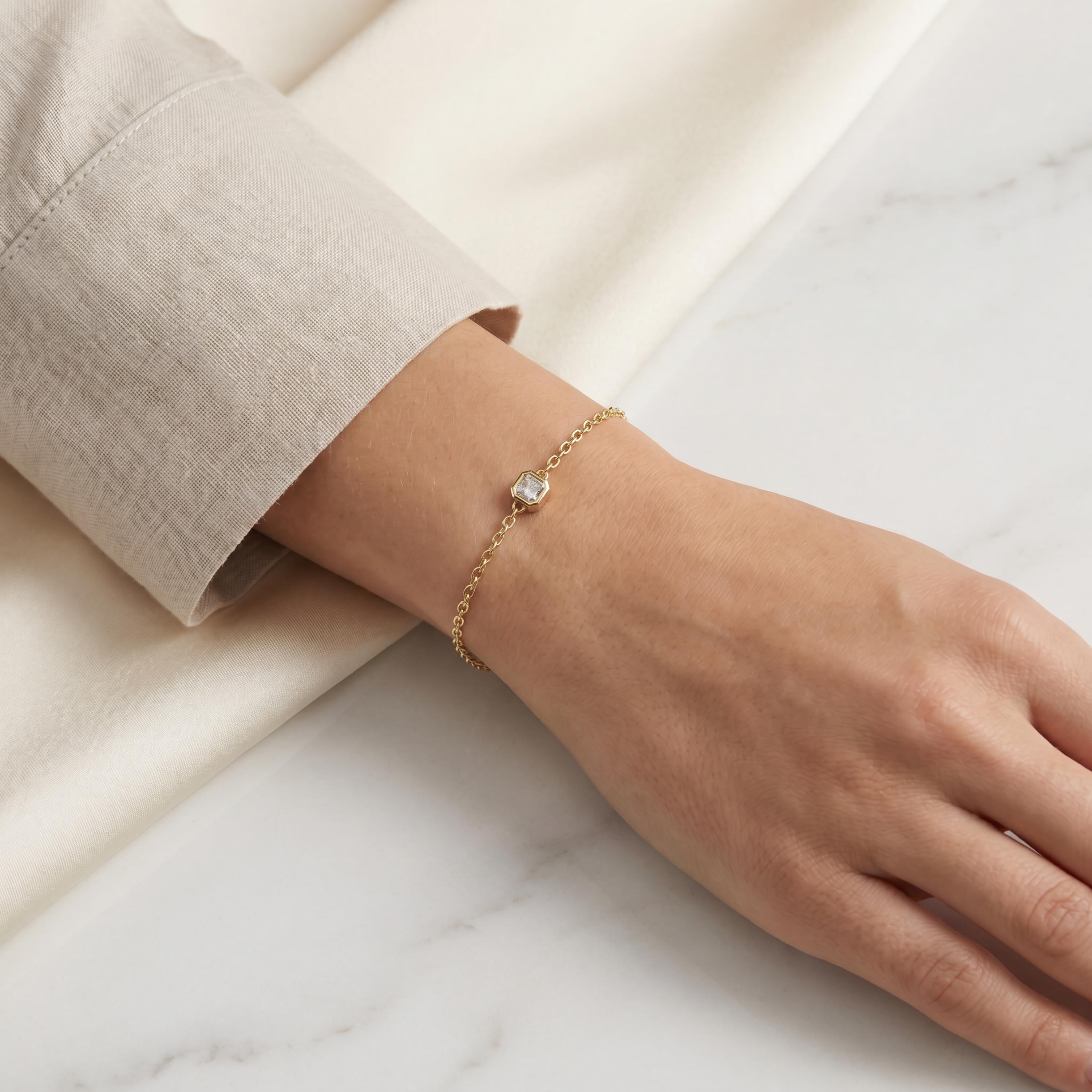 Asscher Cut Diamond Bezel Solitaire Chain Link Bracelet 14K Gold