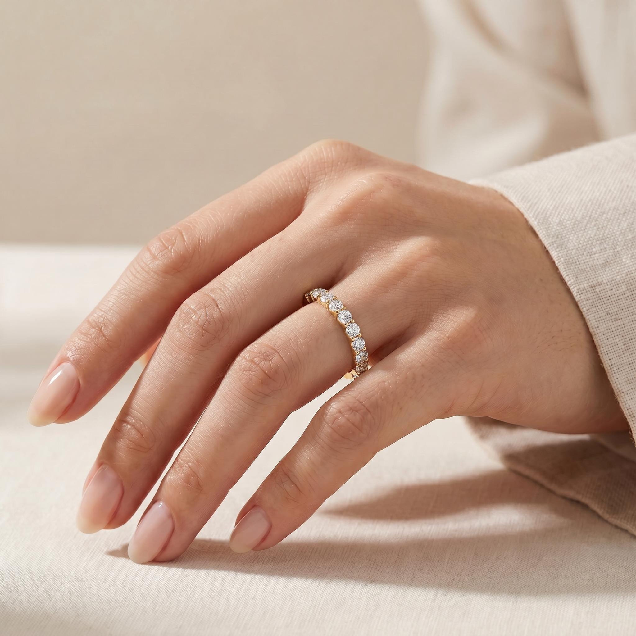 Round Brilliant Cut Diamond Half Way Eternity Wedding Band Ring 14K Solid Gold Prong Set
