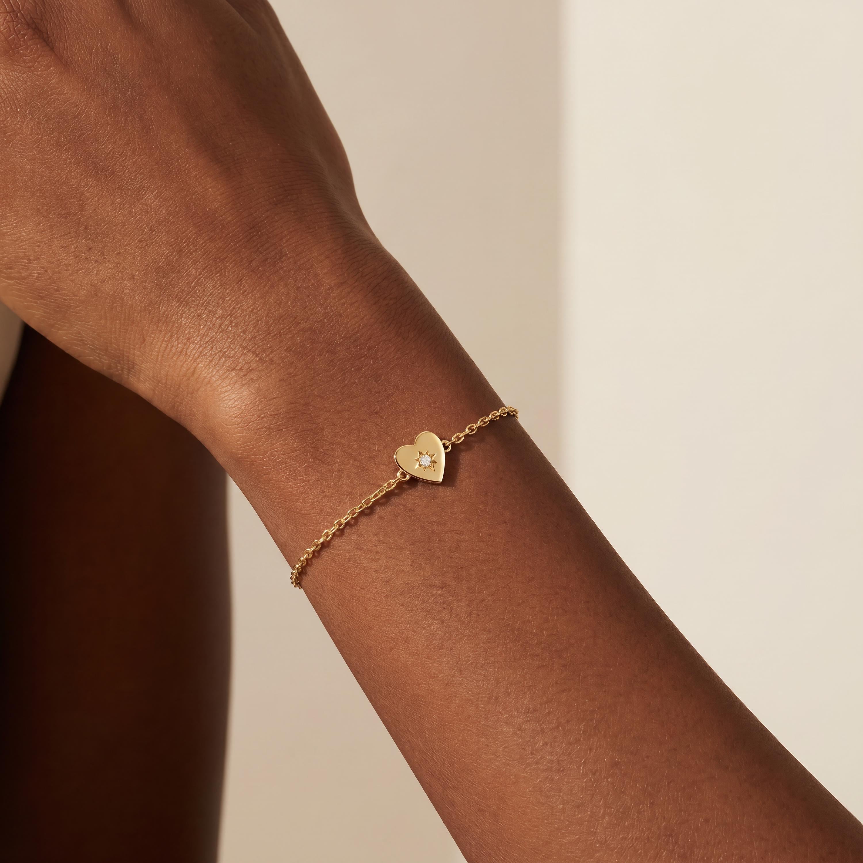 Round Diamond Solitaire Dainty 14K Solid Gold Heart Chain Link Bracelet
