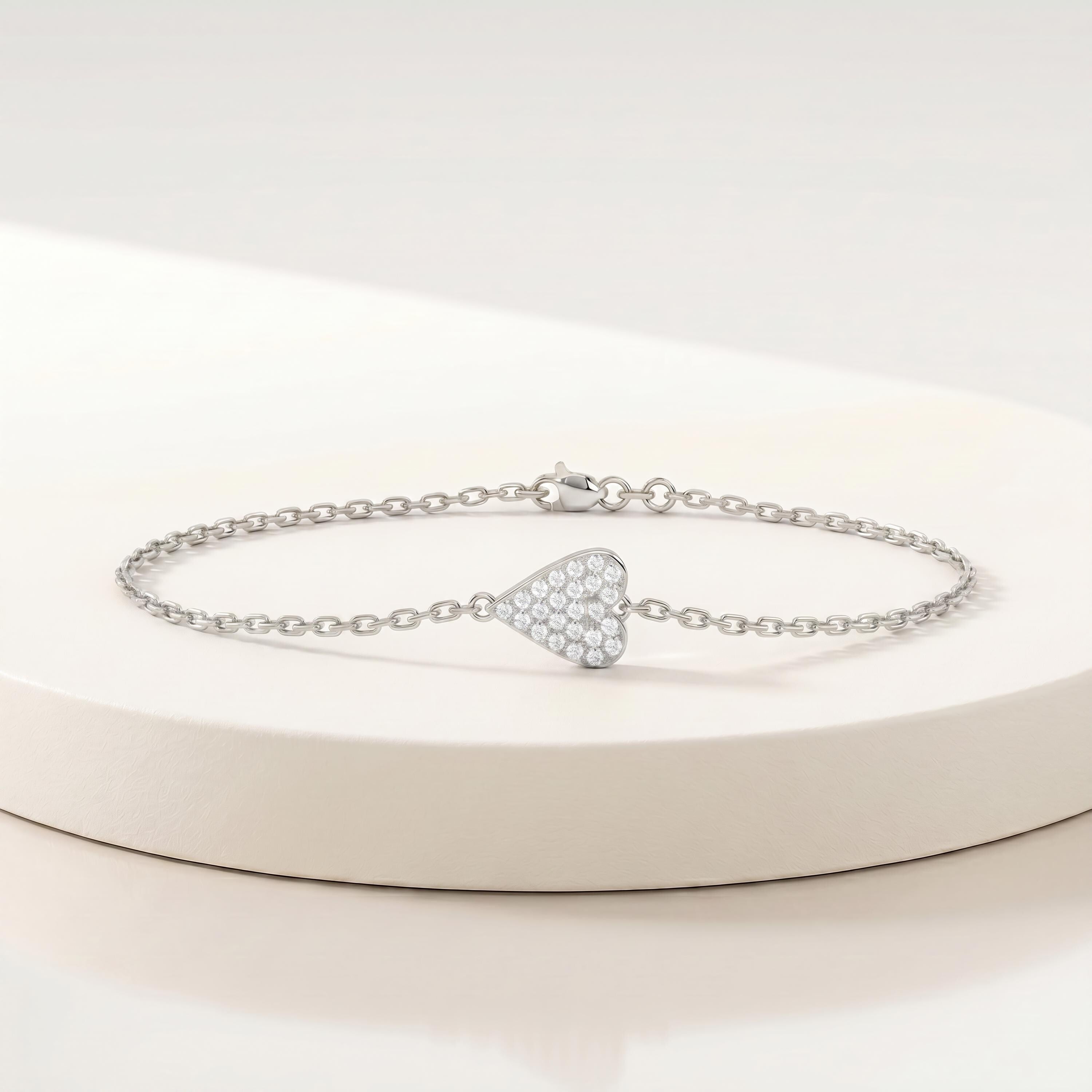 Round Diamond Pave Dainty 14K Solid Gold Elongated Heart Chain Link Bracelet