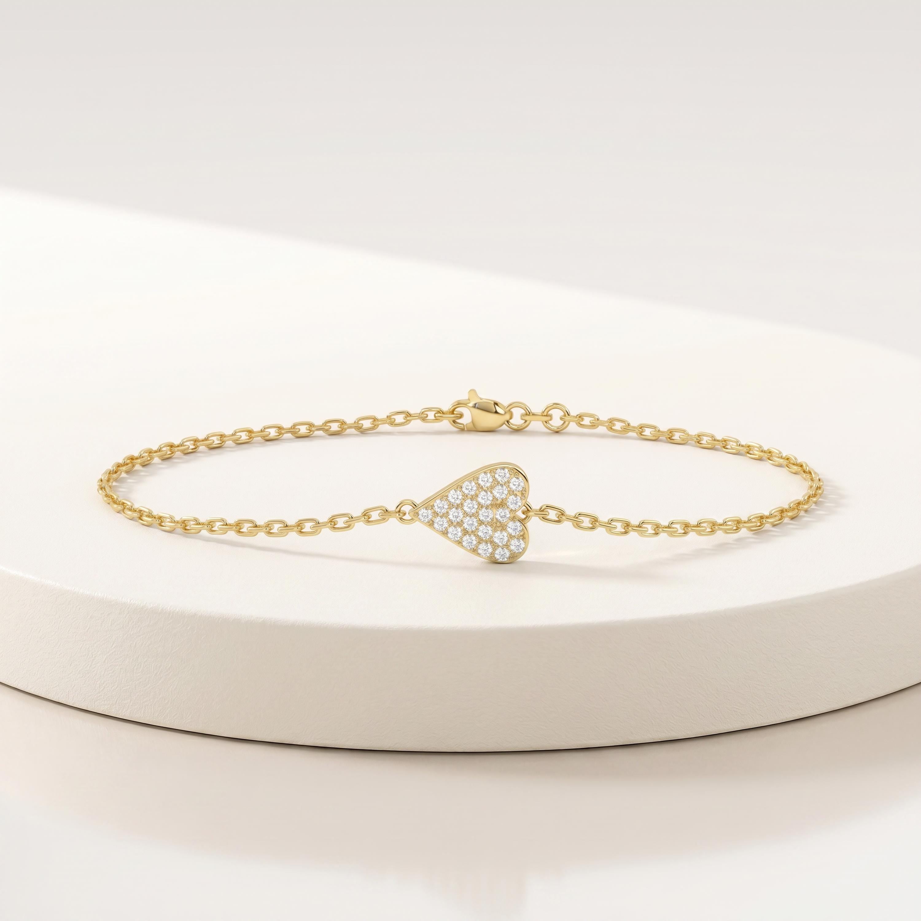 Round Diamond Pave Dainty 14K Solid Gold Elongated Heart Chain Link Bracelet
