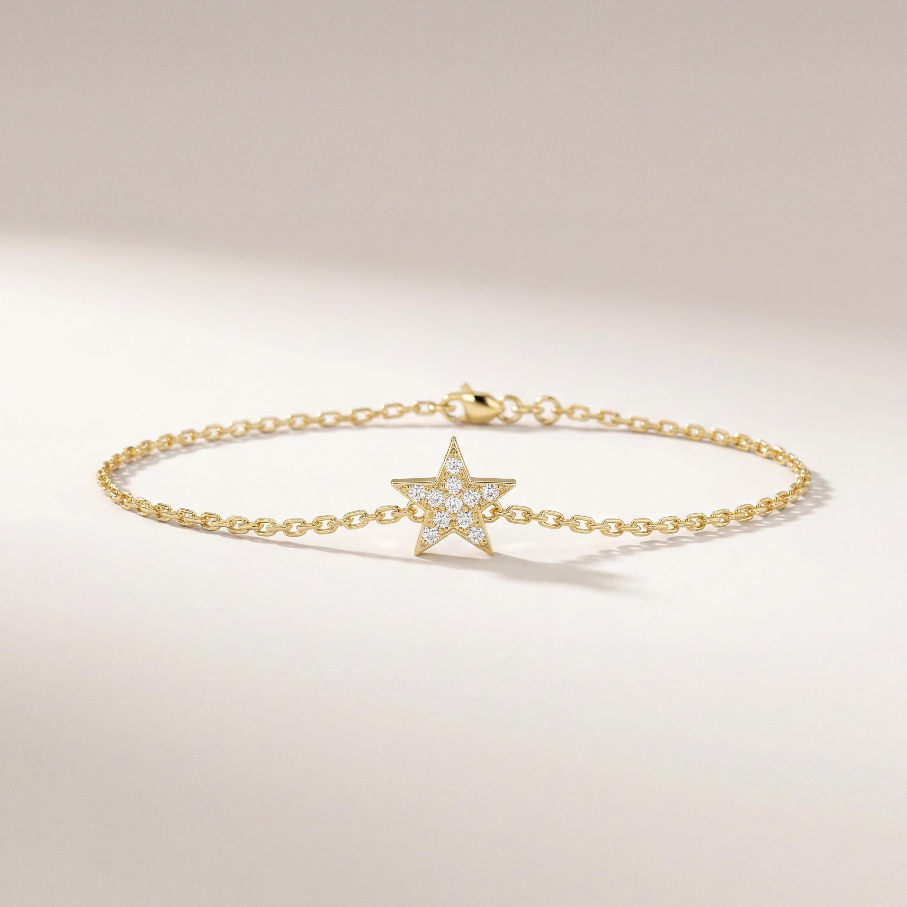 Diamond Round 14K Pave Dainty Solid Gold Star Chain Link Bracelet