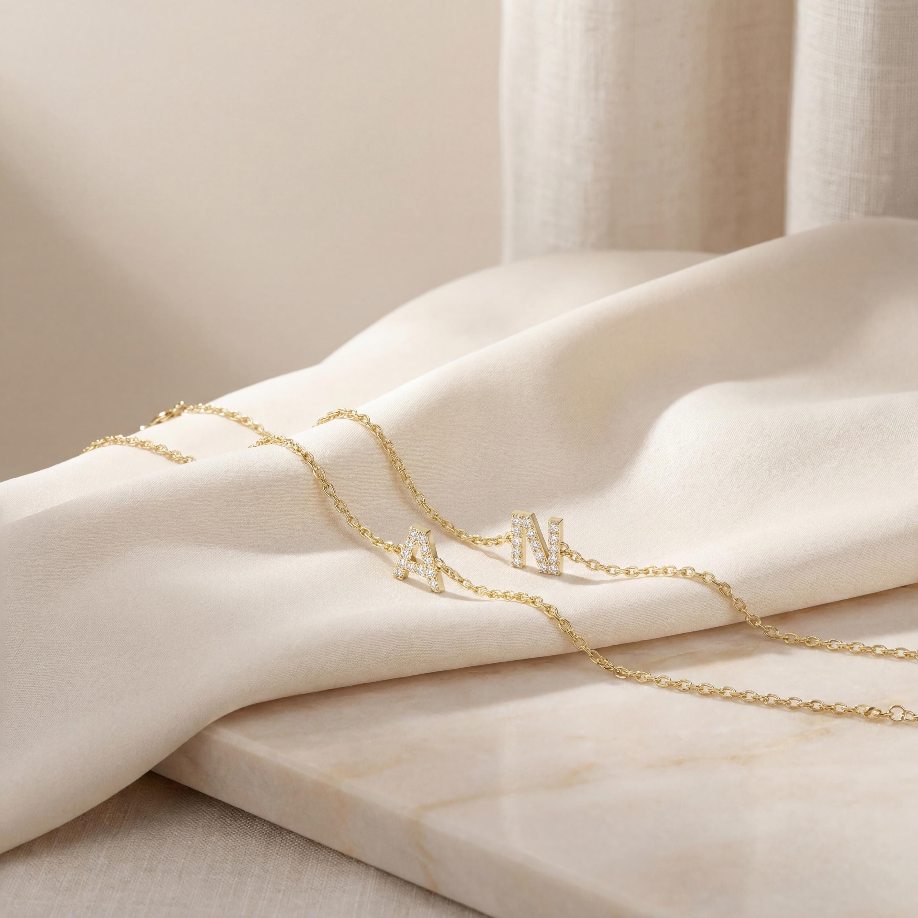 Round Diamond Pave 14K Dainty Solid Gold Initial Chain Link Bracelet