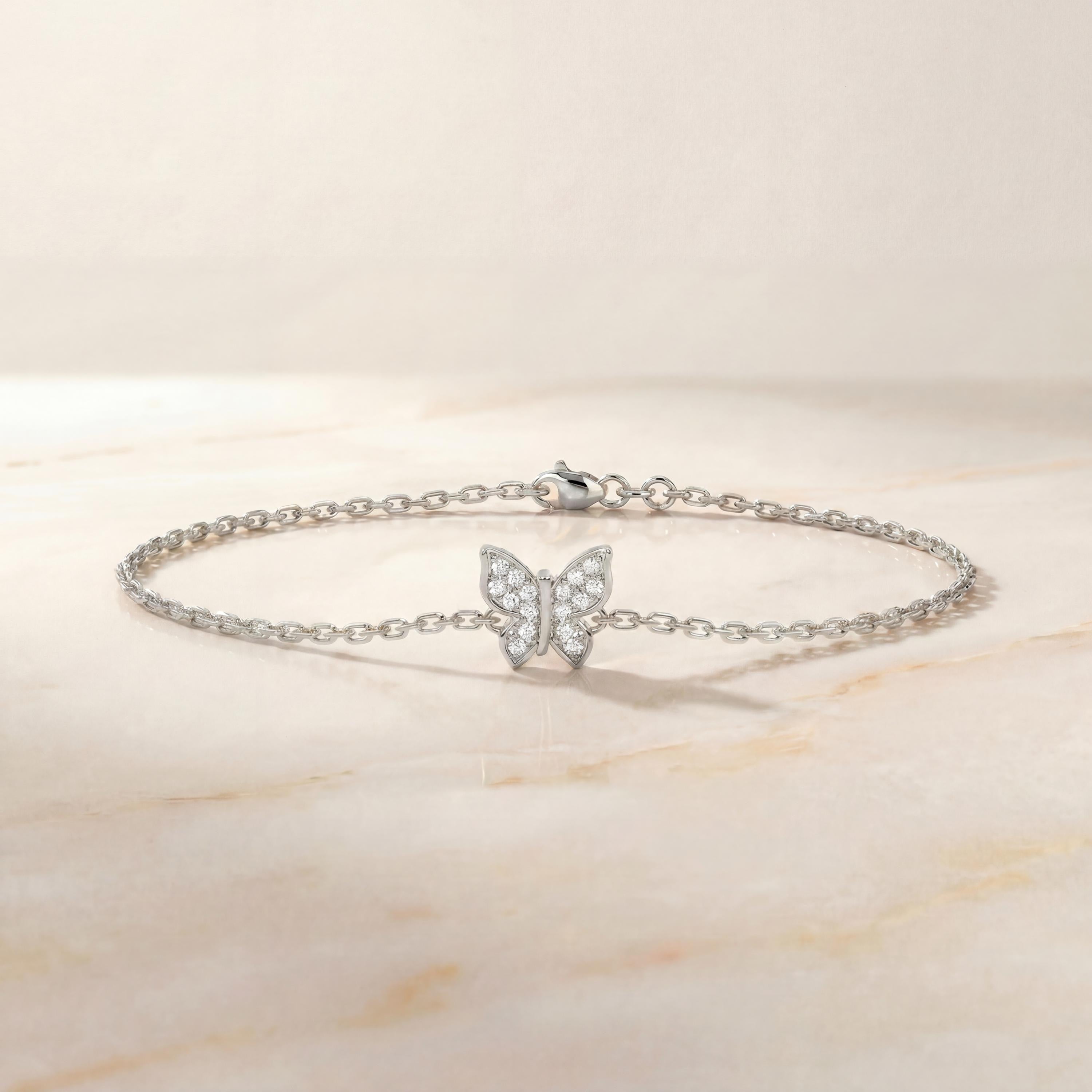 Diamond Pave Dainty 14K Solid Gold Butterfly Chain Link Bracelet