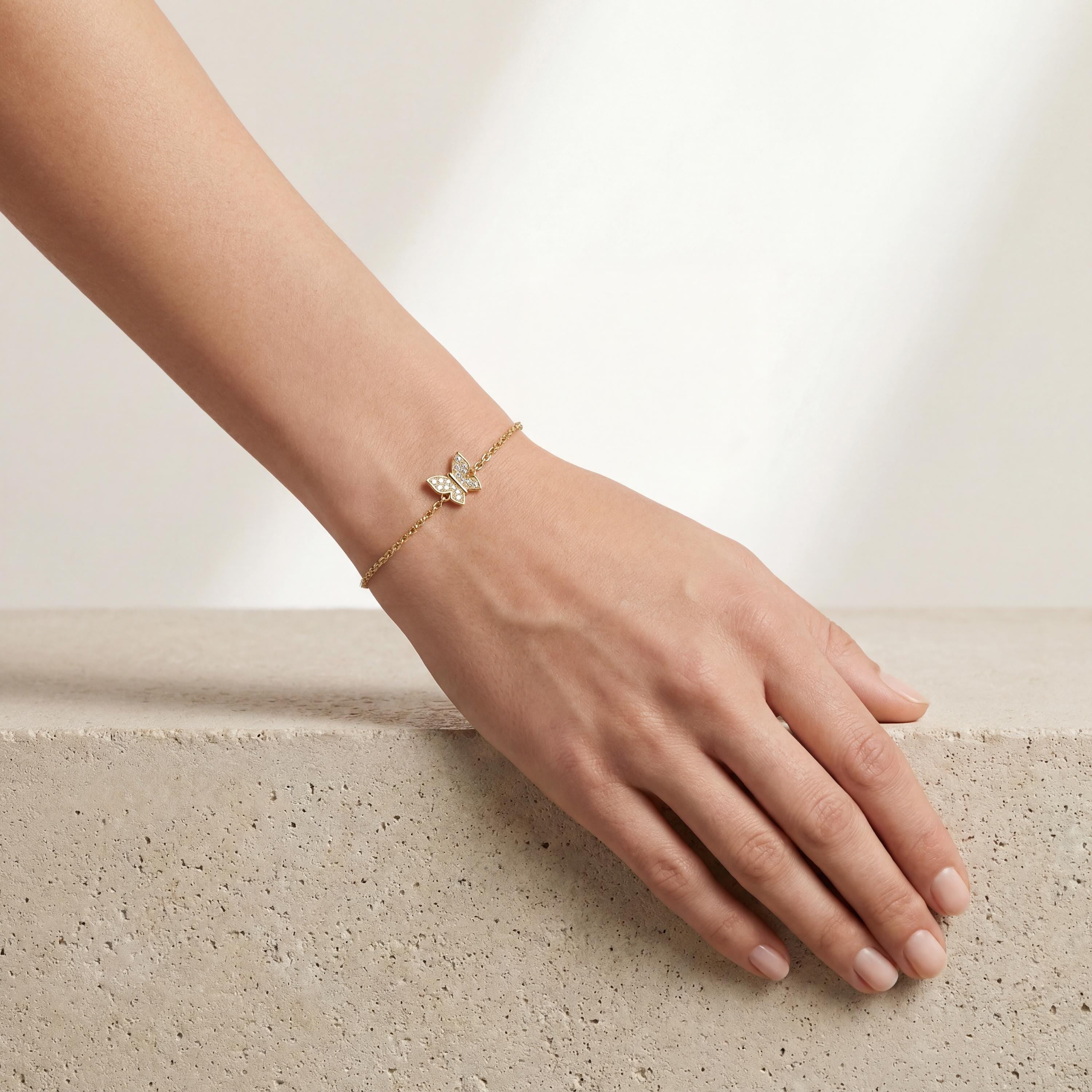 Diamond Pave Dainty 14K Solid Gold Butterfly Chain Link Bracelet