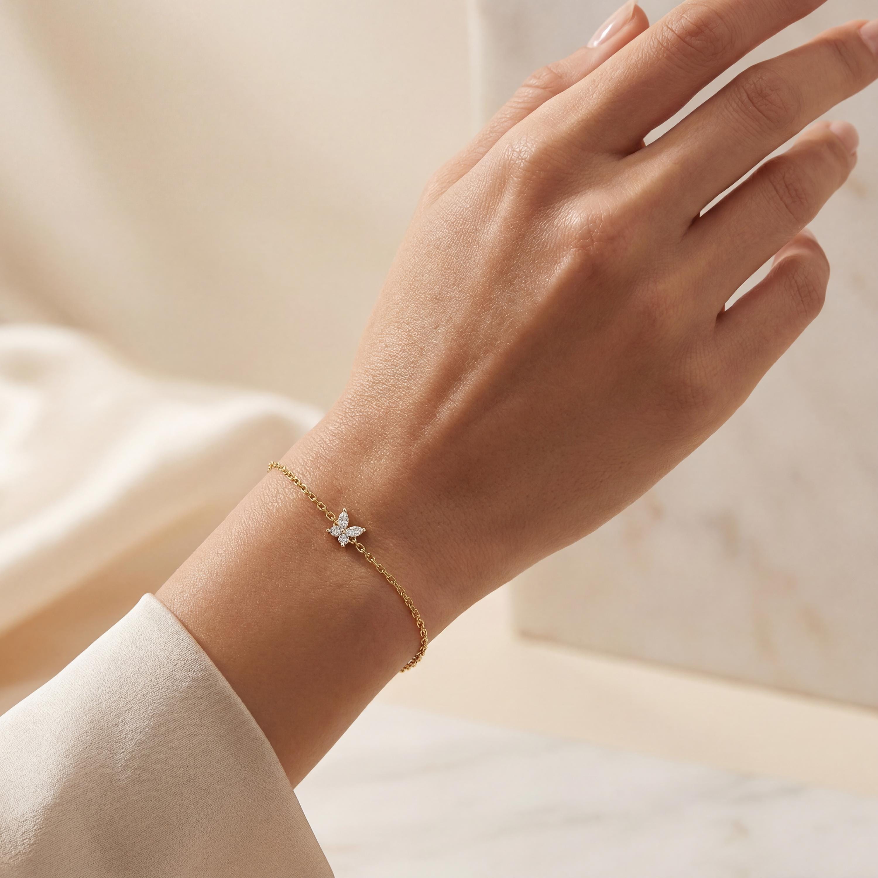 Marquise Diamond Prong Dainty 14K Solid Gold Butterfly Chain Link Bracelet