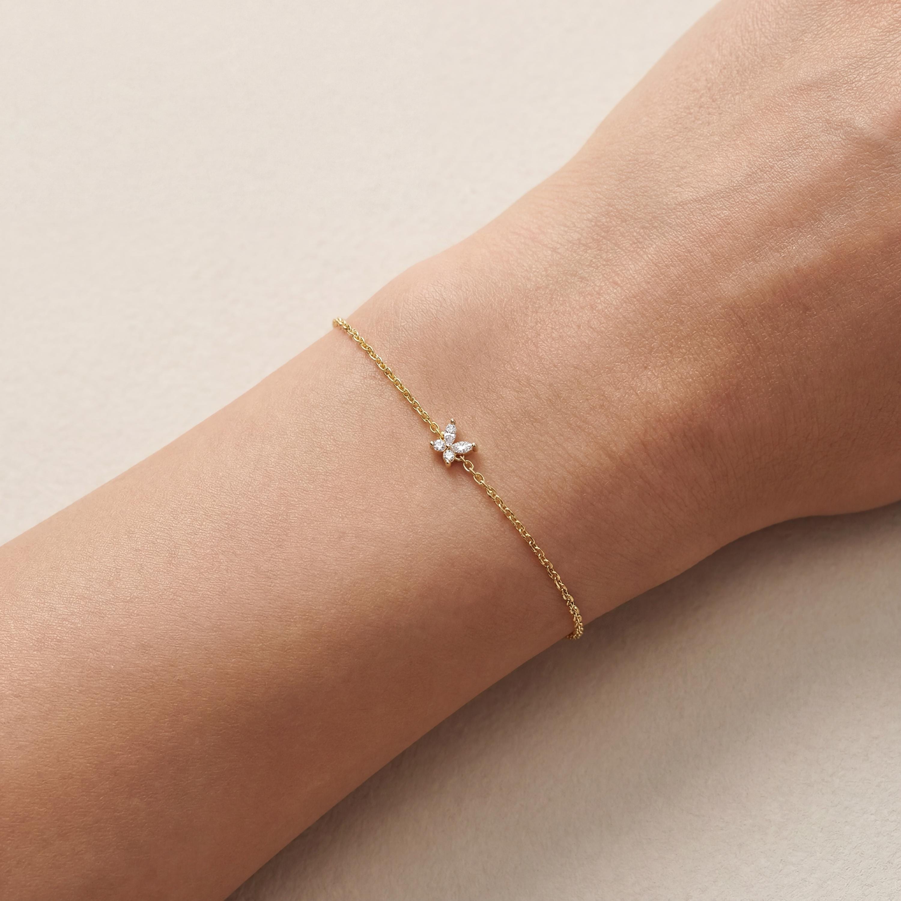 Marquise Diamond Prong Dainty 14K Solid Gold Butterfly Chain Link Bracelet