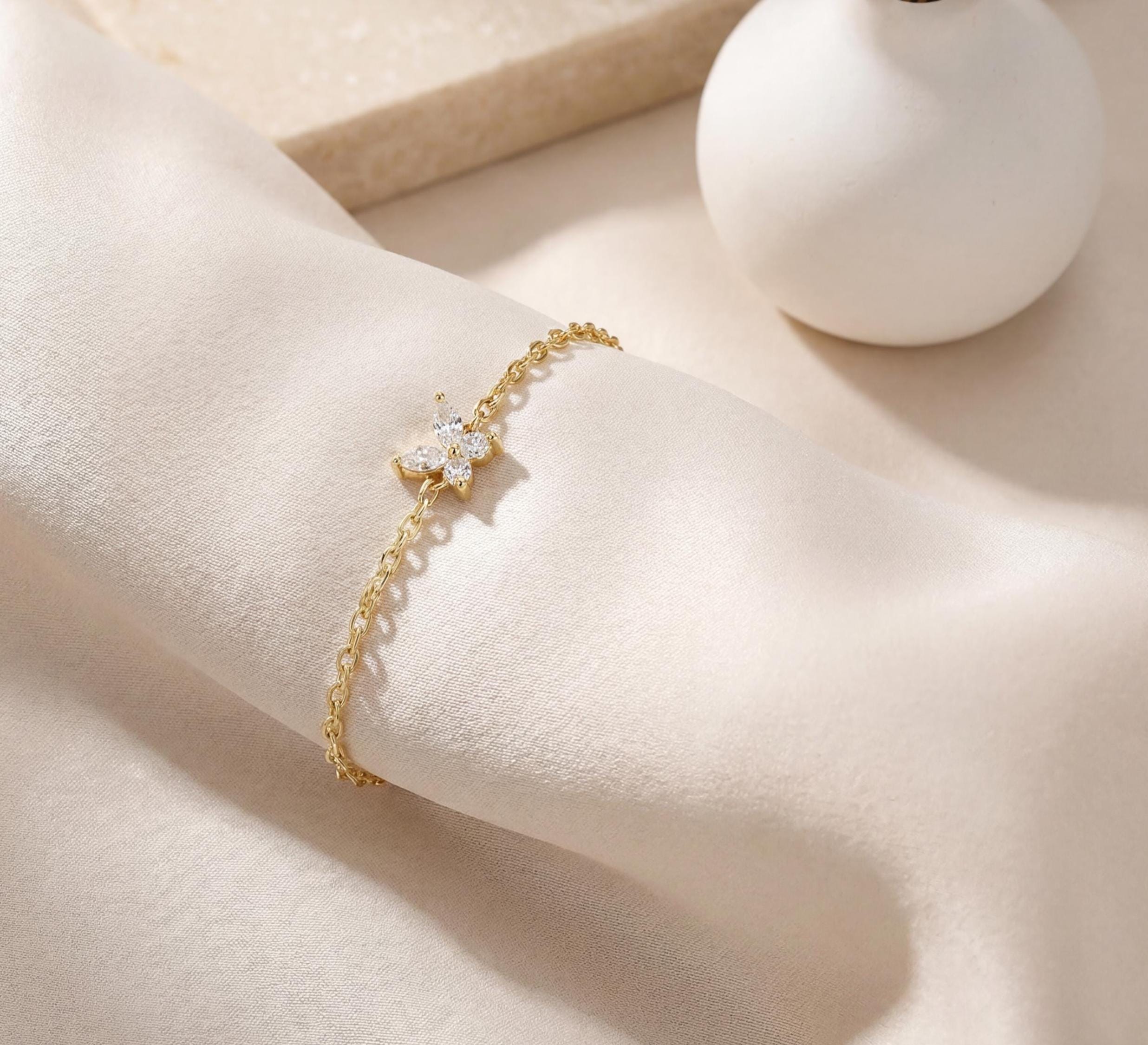 Marquise Diamond Prong Dainty 14K Solid Gold Butterfly Chain Link Bracelet