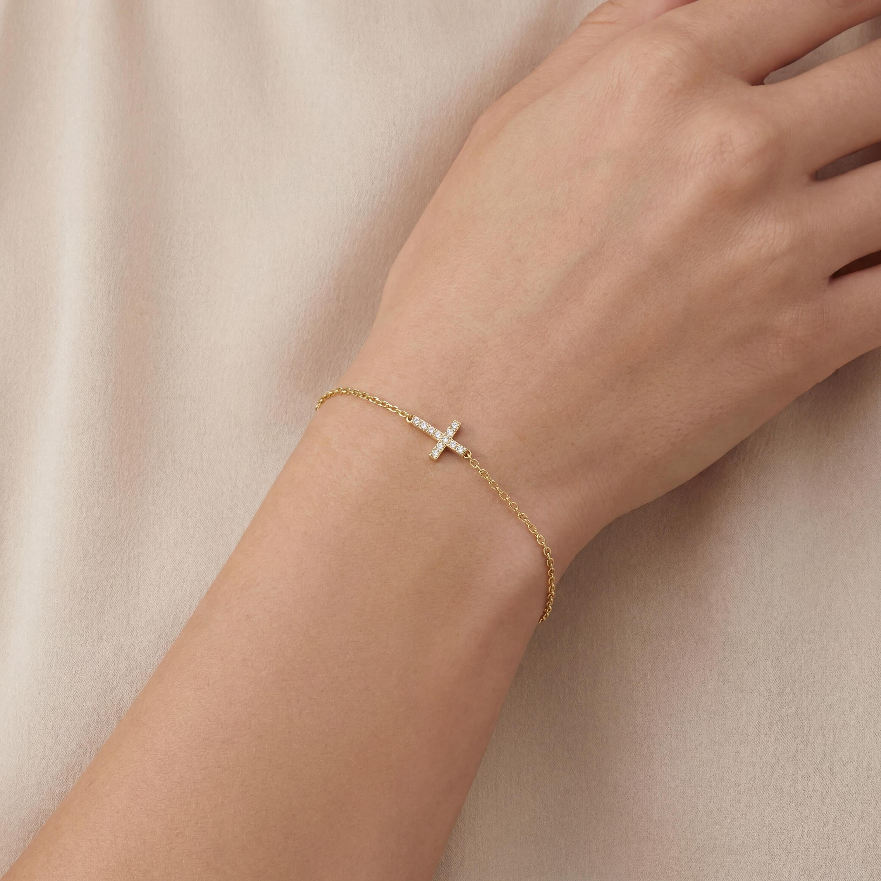 Diamond Prong Dainty 14K Solid Gold Cross Chain Link Bracelet