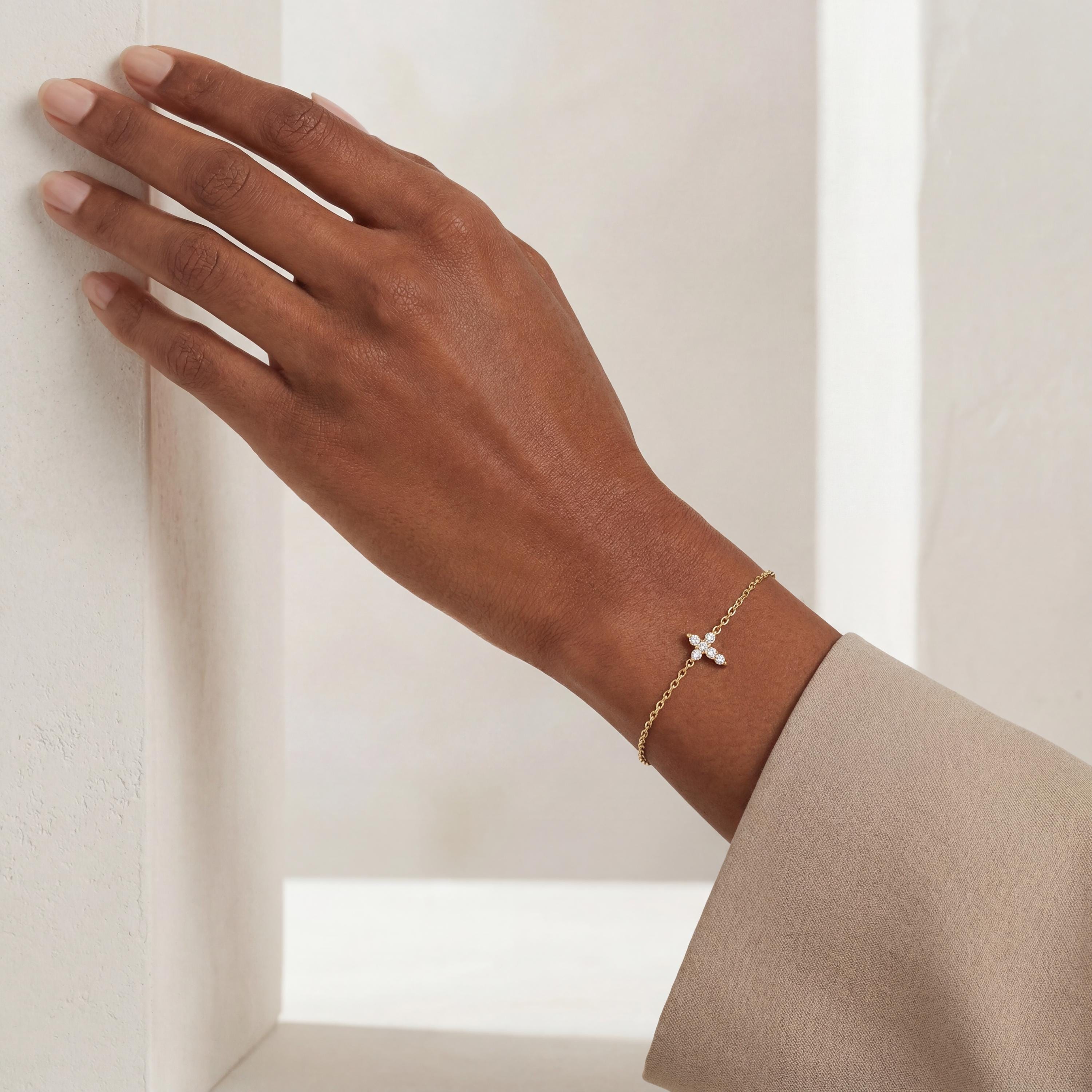 Diamond Prong Dainty 14K Solid Gold Cross Chain Link Bracelet