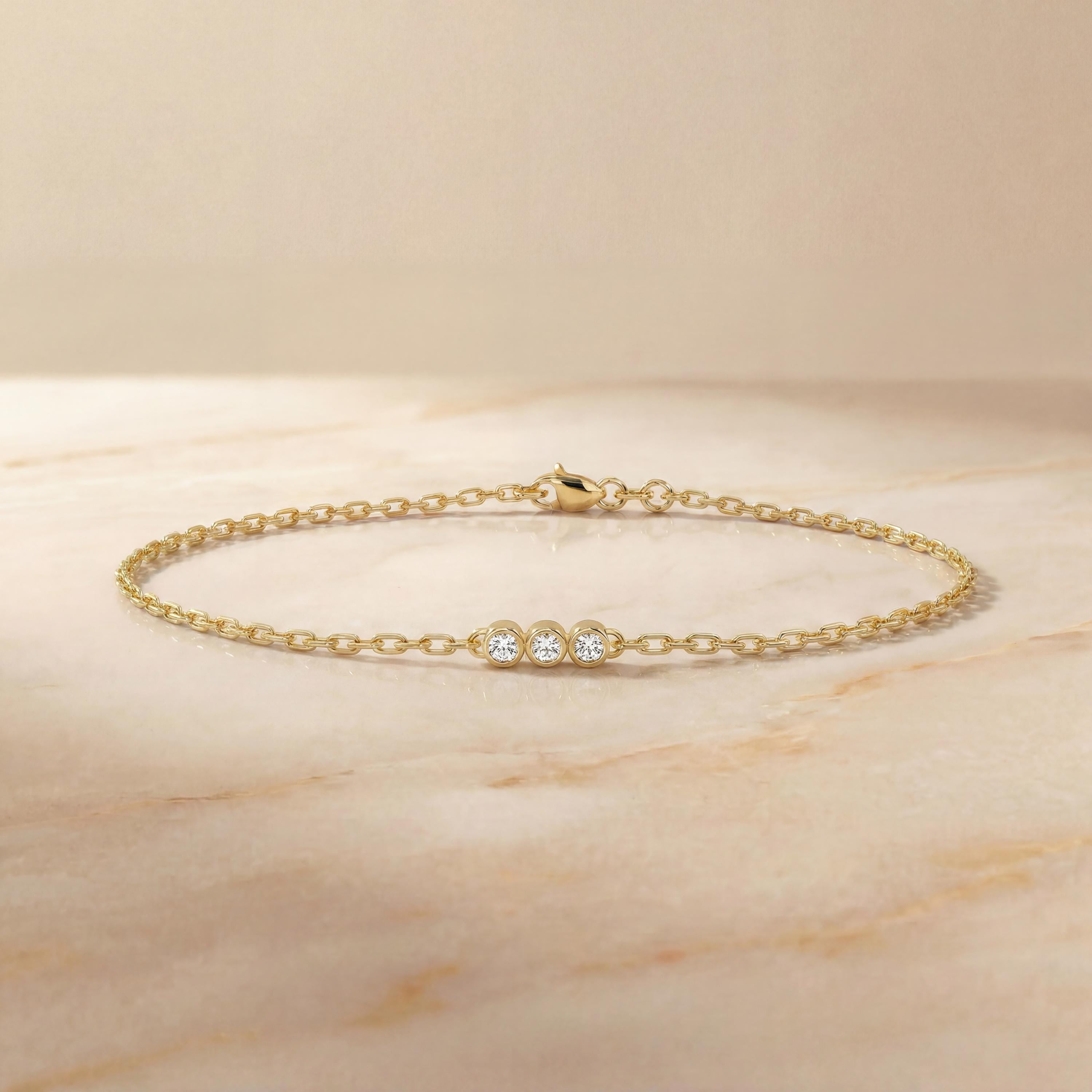 Diamond Round 3 Stone Bezel Set 14K Solid Gold Chain Link Bracelet