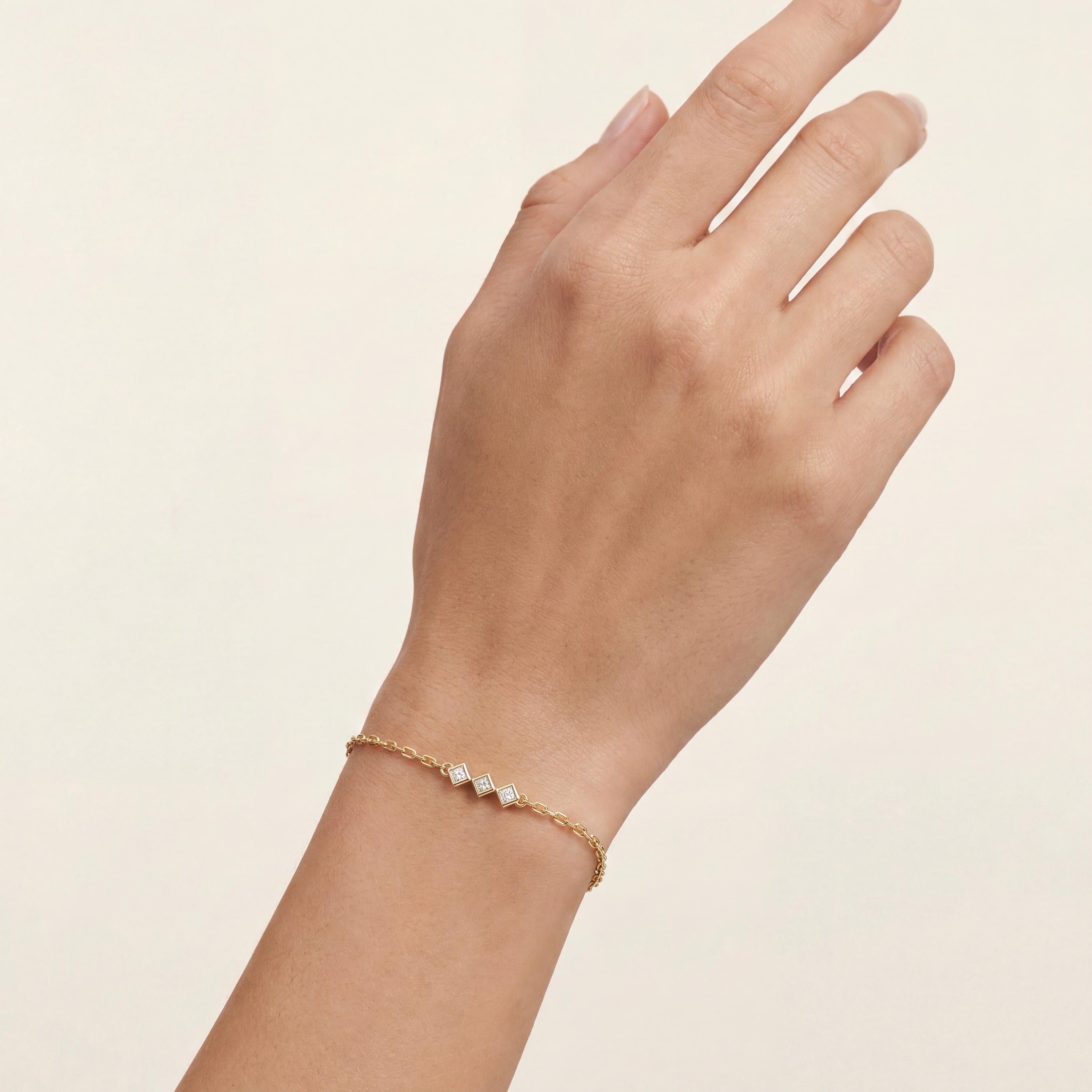 Princess Cut Diamond 3 Stone Bezel Set 14K Solid Gold Chain Link Bracelet