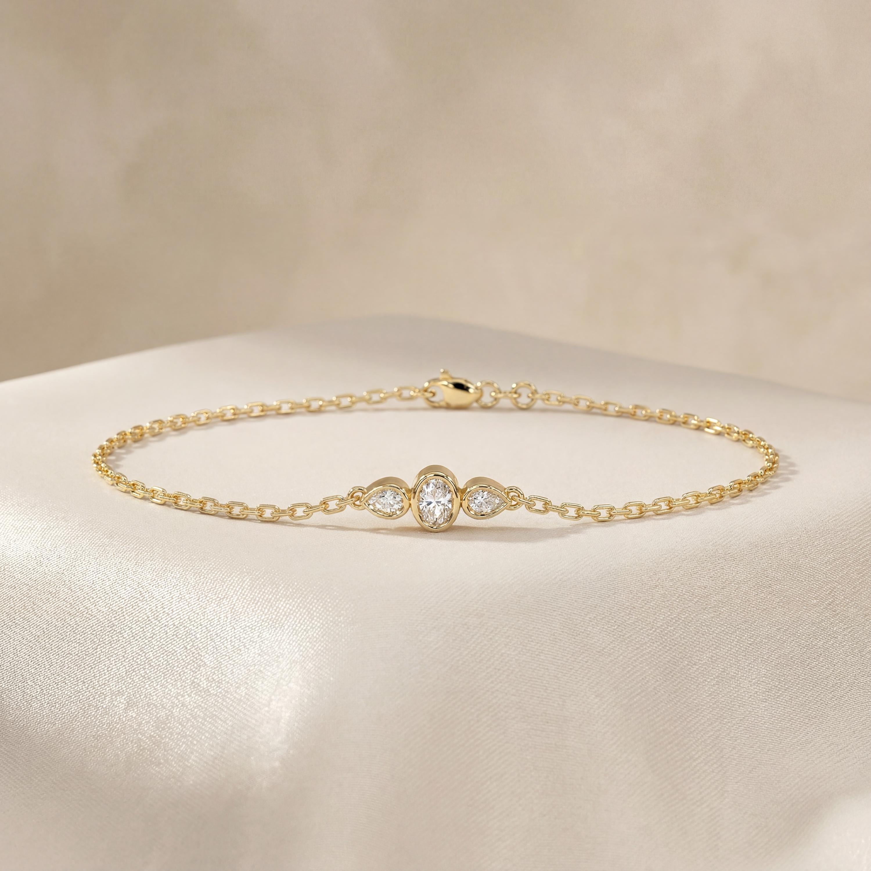 Oval & Pear Diamond 3 Stone Bezel Set 14K Solid Gold Chain Link Bracelet