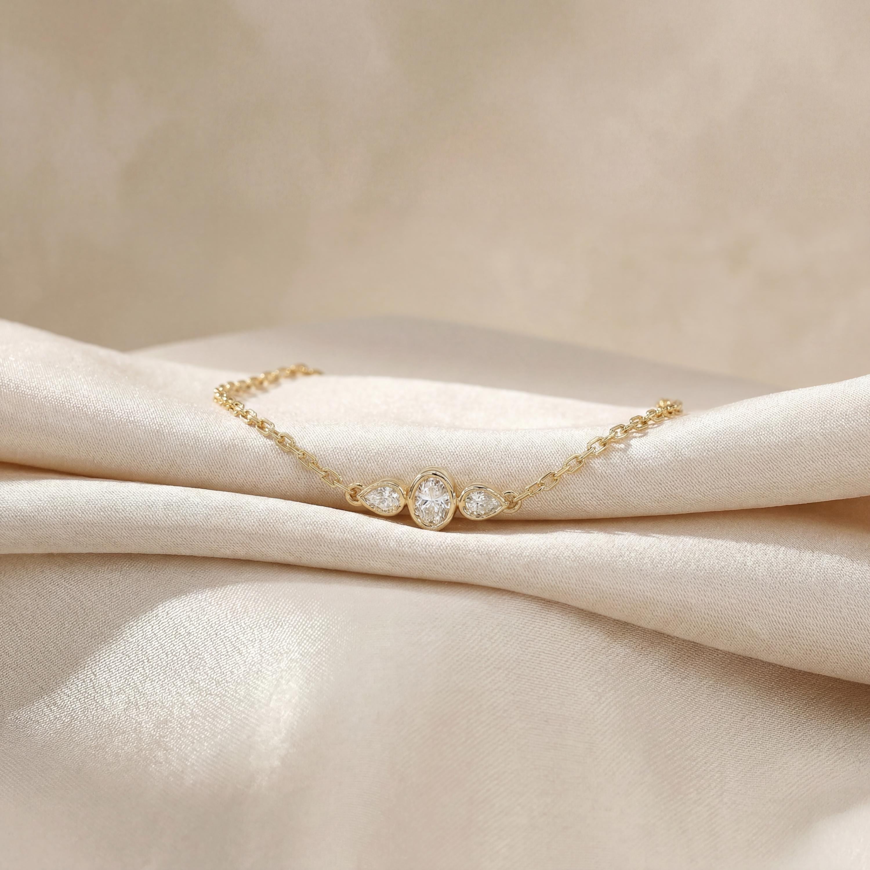 Oval & Pear Diamond 3 Stone Bezel Set 14K Solid Gold Chain Link Bracelet