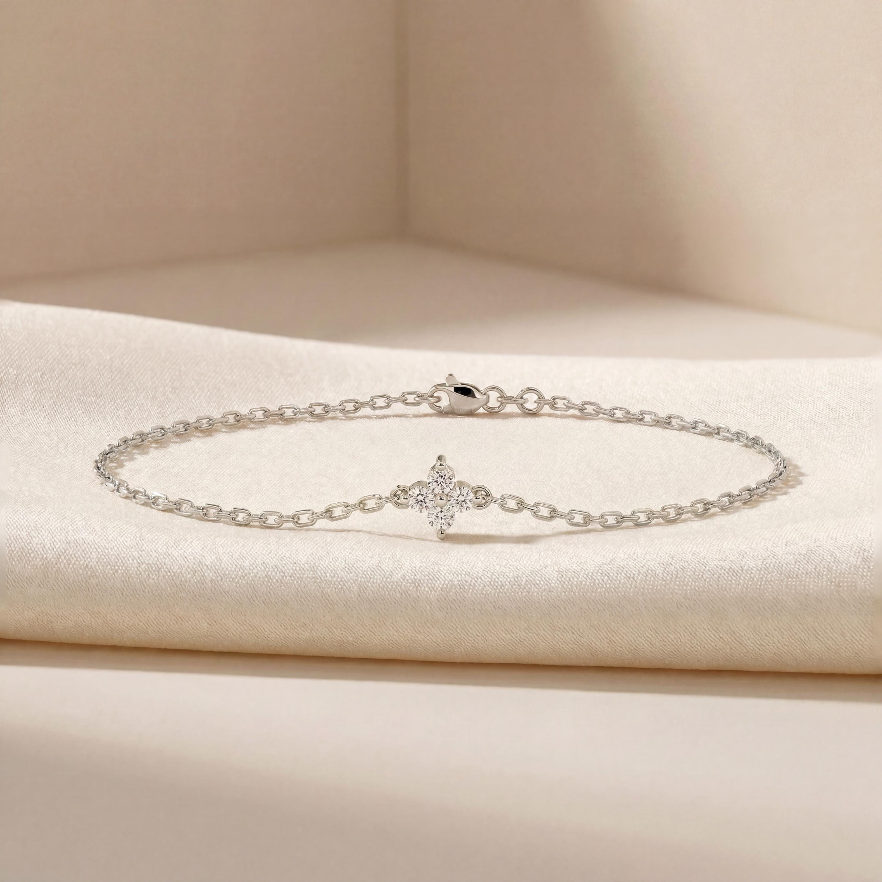 Diamond Round 4 Stone Prong Set 14K Solid Gold Chain Link Bracelet