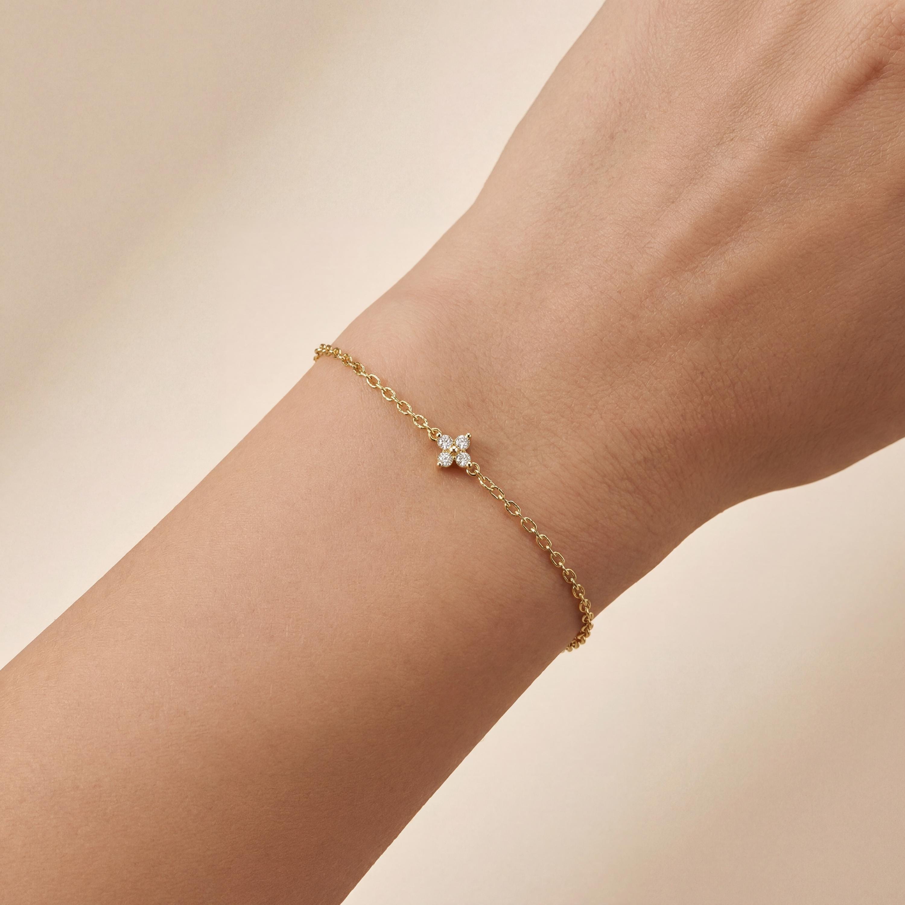 Diamond Round 4 Stone Prong Set 14K Solid Gold Chain Link Bracelet