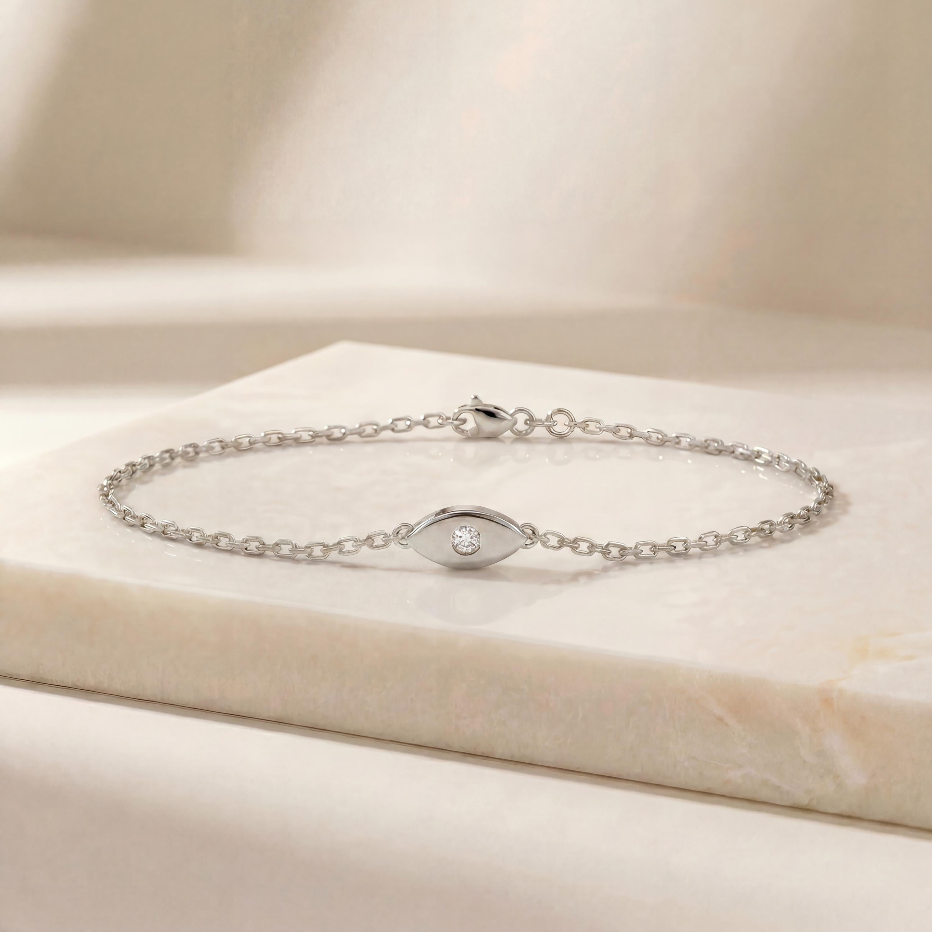 Marquise Shape Diamond Eye Bezel Set 14K Solid Gold Chain Link Bracelet
