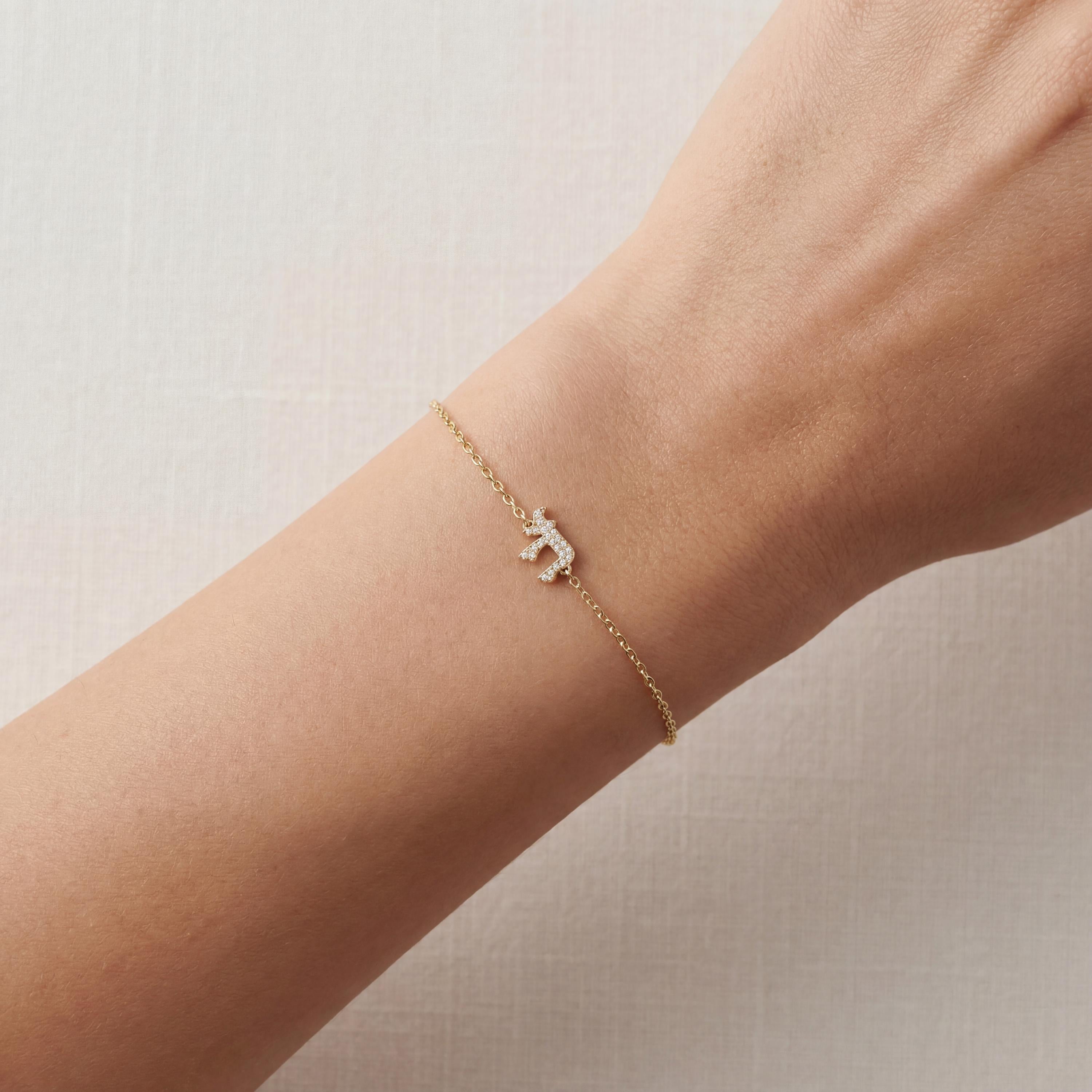 Diamond Hebrew Chai Pave Set 14K Solid Gold Chain Link Bracelet